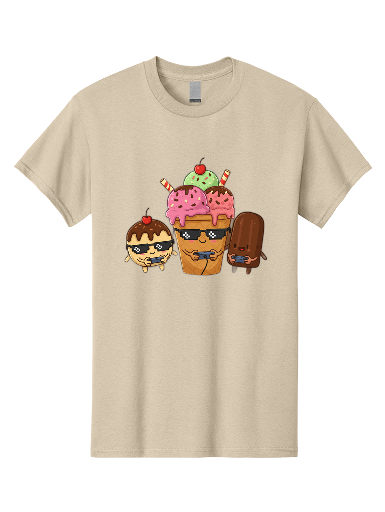 Cool-Ice-Cream-1 Men'S Graphic Tee, 100% Cotton, Comfortable Casual Summer Wear, Machine Washable, Cute Ice Cream Characters, Ice Cream Cone, Chocolate Chip Cookie Dough Ice Cream, Strawberry Ice Cream, Mint Chocolate Chip Ice Cream, Baa399