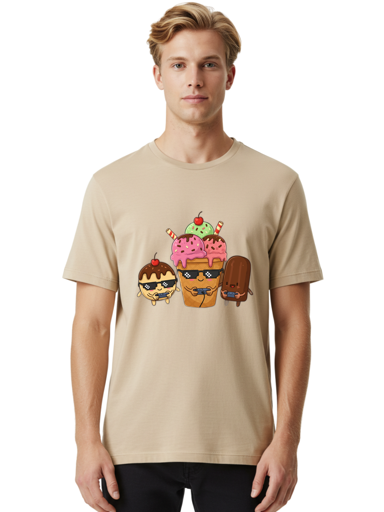Cool-Ice-Cream-1 Men'S Graphic Tee, 100% Cotton, Comfortable Casual Summer Wear, Machine Washable, Cute Ice Cream Characters, Ice Cream Cone, Chocolate Chip Cookie Dough Ice Cream, Strawberry Ice Cream, Mint Chocolate Chip Ice Cream, Baa399