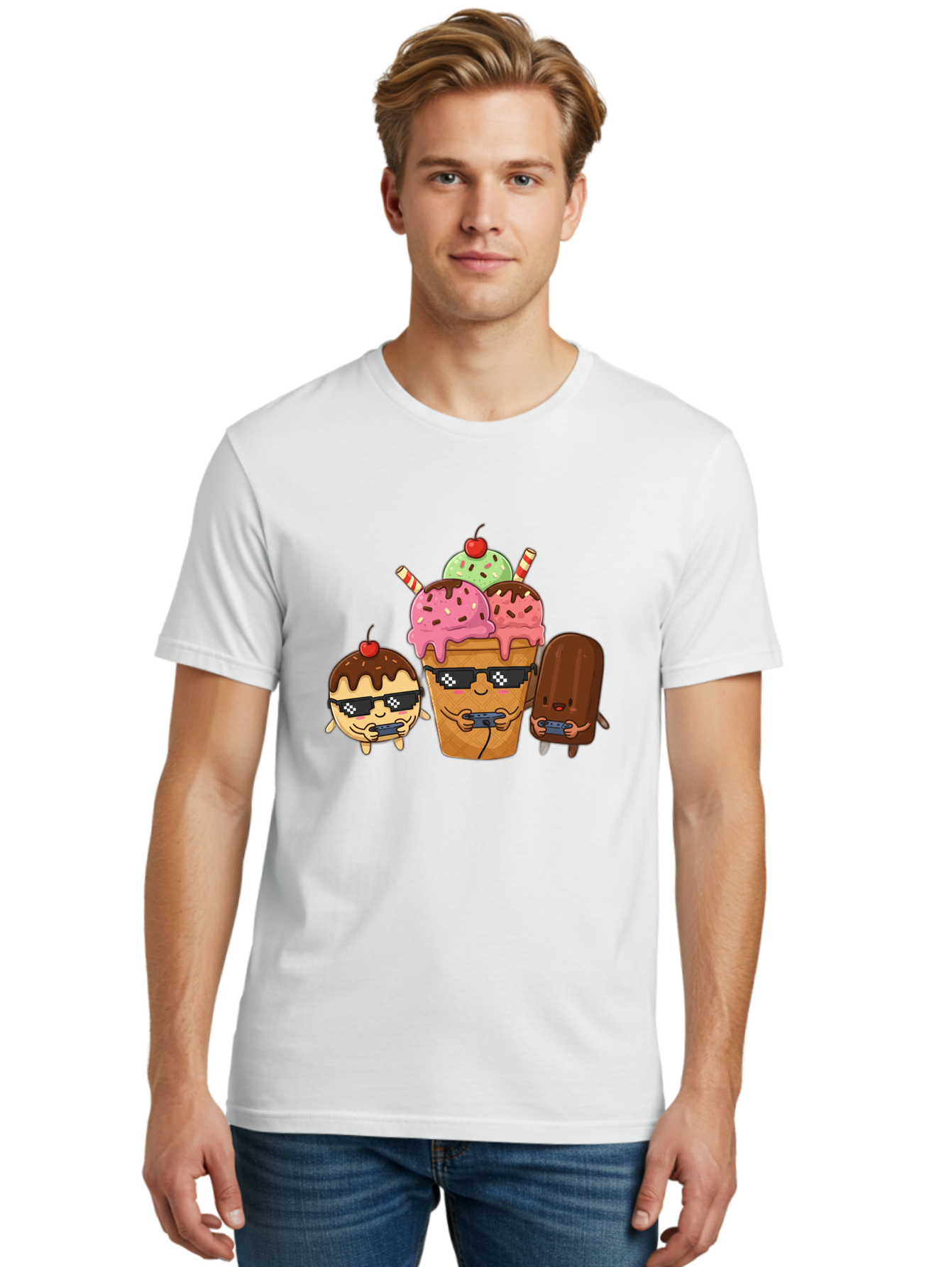 Cool-Ice-Cream-1 Men'S Graphic Tee, 100% Cotton, Comfortable Casual Summer Wear, Machine Washable, Cute Ice Cream Characters, Ice Cream Cone, Chocolate Chip Cookie Dough Ice Cream, Strawberry Ice Cream, Mint Chocolate Chip Ice Cream, Baa399