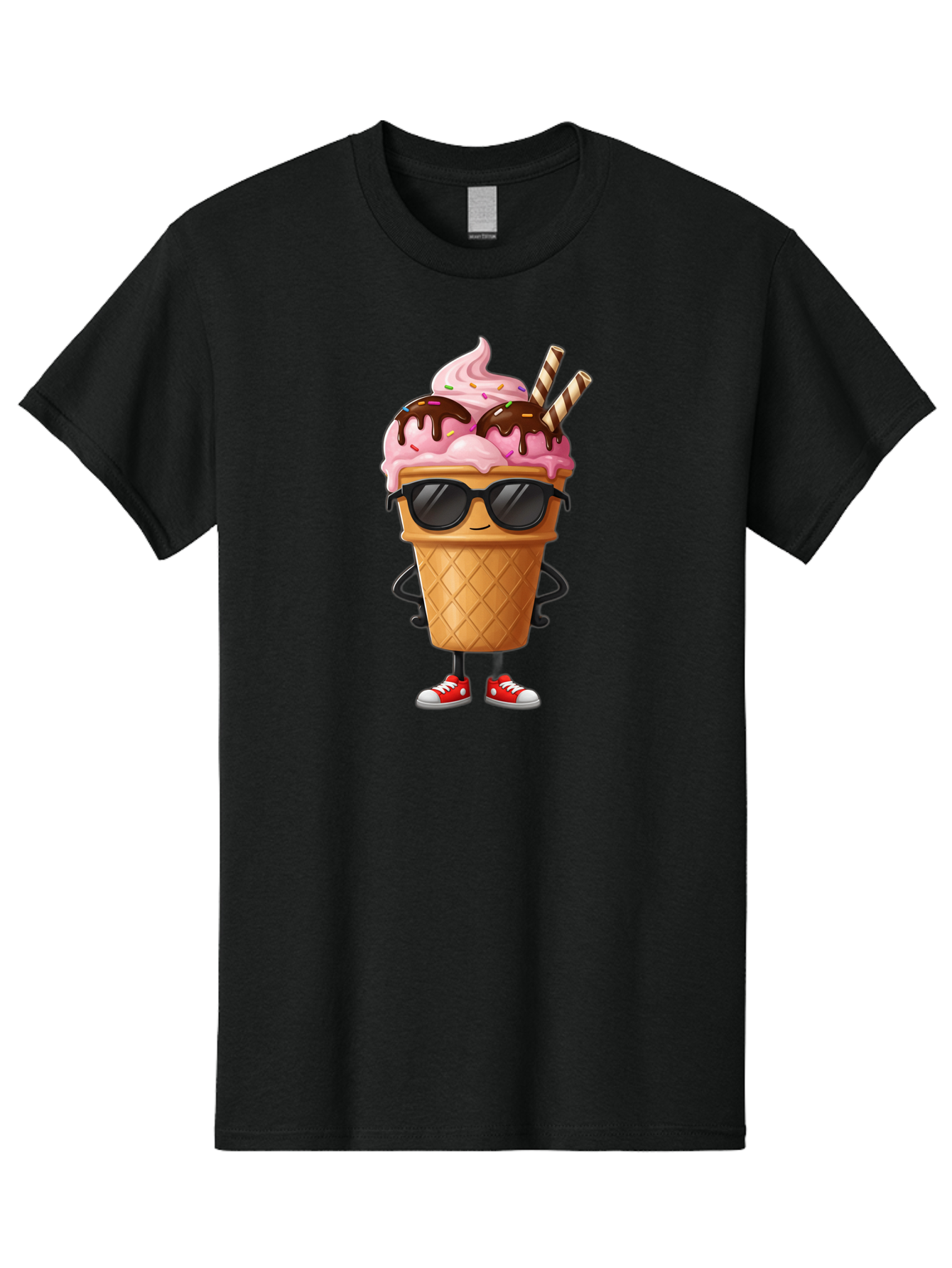Cool-Ice-Cream-2 Men'S Graphic Tee, 100% Cotton, Comfortable Casual Summer Wear, Machine Washable, Ice Cream Cone Character, Pink Ice Cream, Chocolate Sauce, Striped Straws, Sunglasses, Red Sneakers, Cartoon Character, Sweet Treat, Baa400