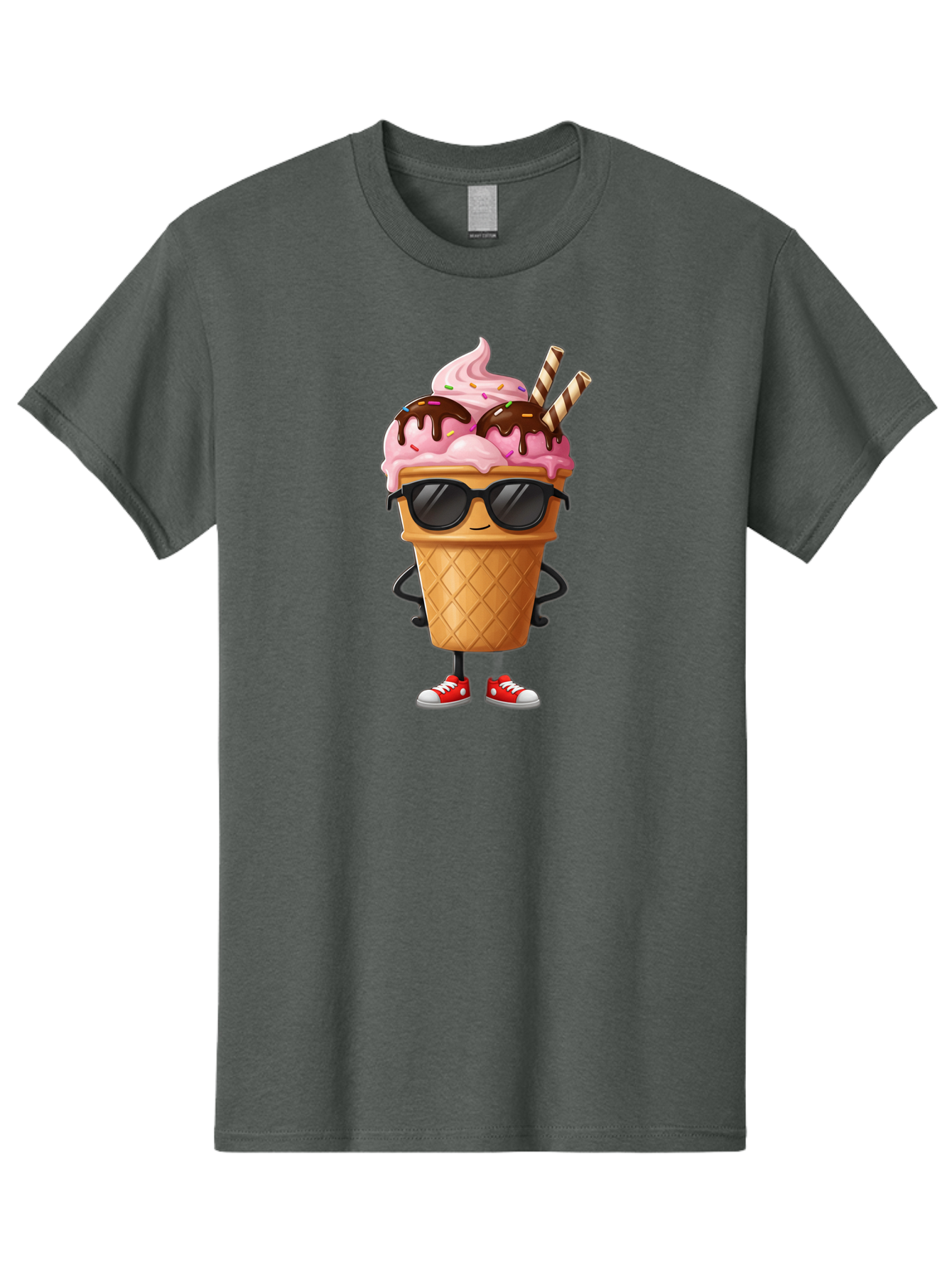 Cool-Ice-Cream-2 Men'S Graphic Tee, 100% Cotton, Comfortable Casual Summer Wear, Machine Washable, Ice Cream Cone Character, Pink Ice Cream, Chocolate Sauce, Striped Straws, Sunglasses, Red Sneakers, Cartoon Character, Sweet Treat, Baa400