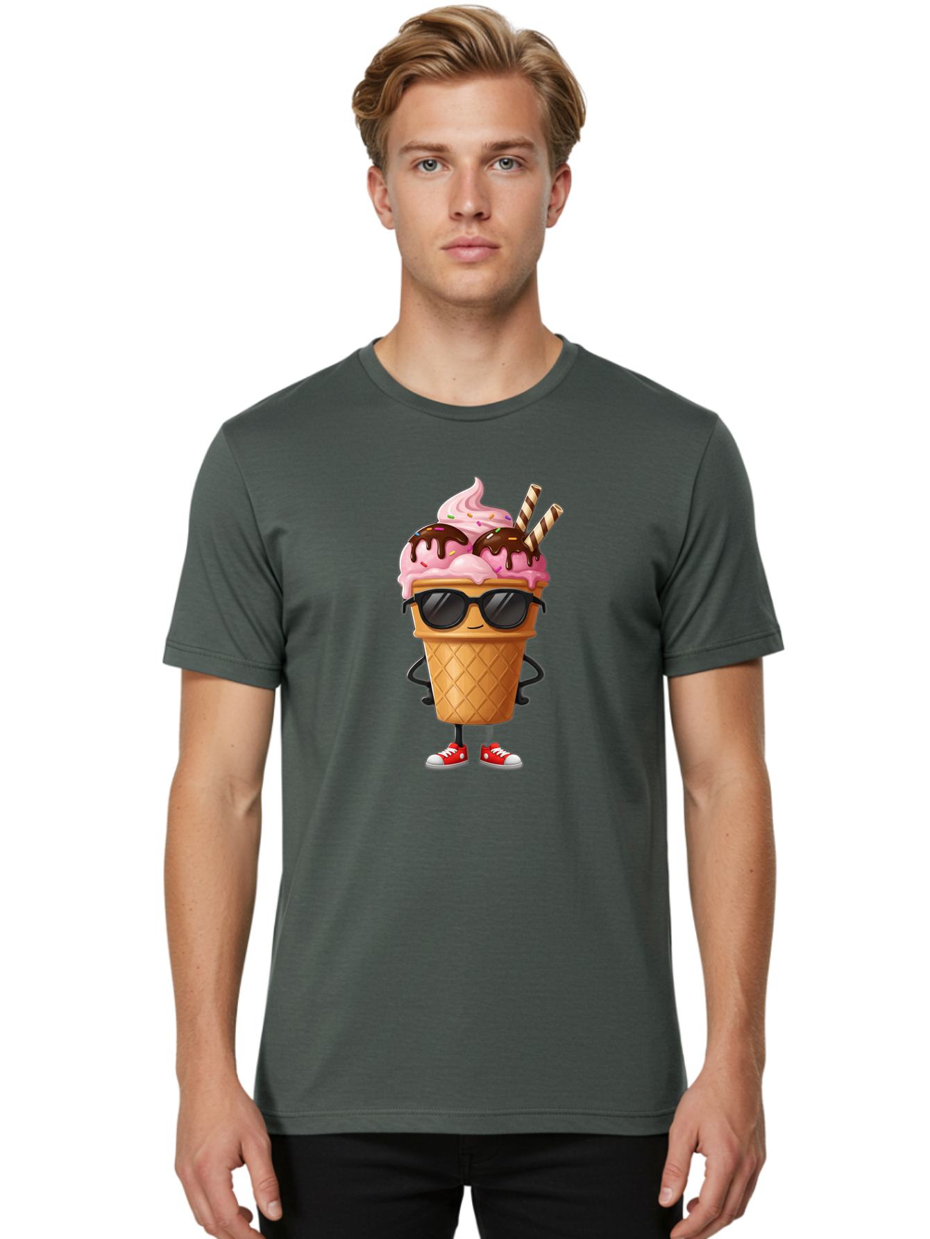 Cool-Ice-Cream-2 Men'S Graphic Tee, 100% Cotton, Comfortable Casual Summer Wear, Machine Washable, Ice Cream Cone Character, Pink Ice Cream, Chocolate Sauce, Striped Straws, Sunglasses, Red Sneakers, Cartoon Character, Sweet Treat, Baa400