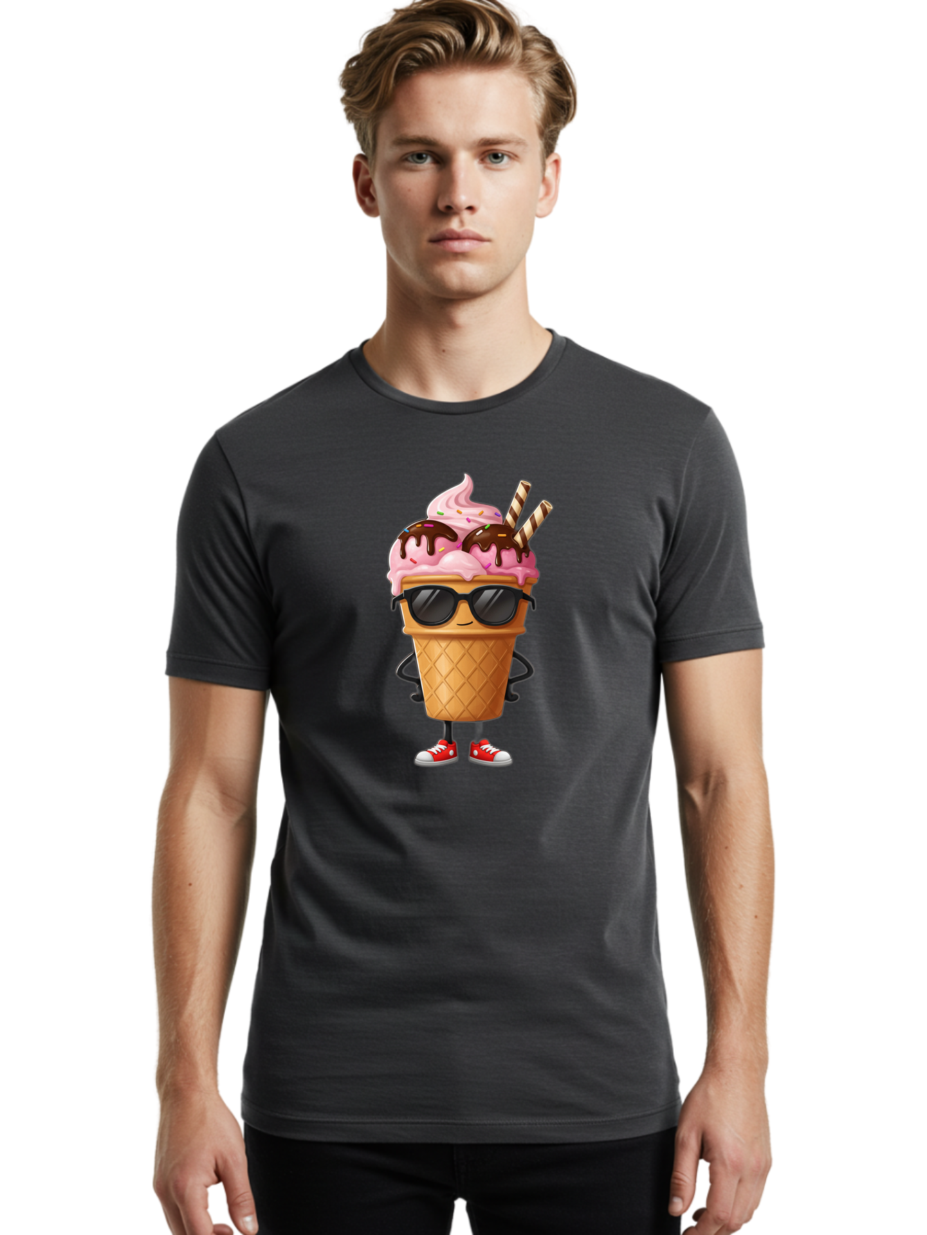 Cool-Ice-Cream-2 Men'S Graphic Tee, 100% Cotton, Comfortable Casual Summer Wear, Machine Washable, Ice Cream Cone Character, Pink Ice Cream, Chocolate Sauce, Striped Straws, Sunglasses, Red Sneakers, Cartoon Character, Sweet Treat, Baa400