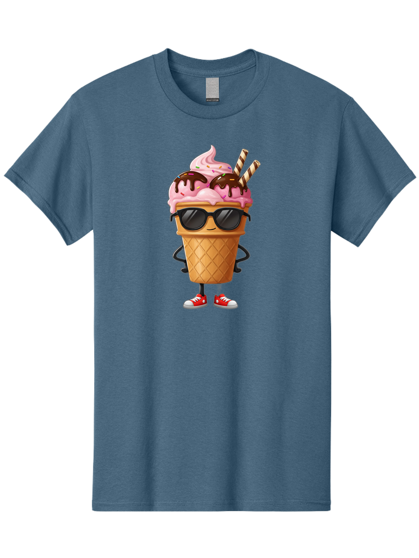 Cool-Ice-Cream-2 Men'S Graphic Tee, 100% Cotton, Comfortable Casual Summer Wear, Machine Washable, Ice Cream Cone Character, Pink Ice Cream, Chocolate Sauce, Striped Straws, Sunglasses, Red Sneakers, Cartoon Character, Sweet Treat, Baa400