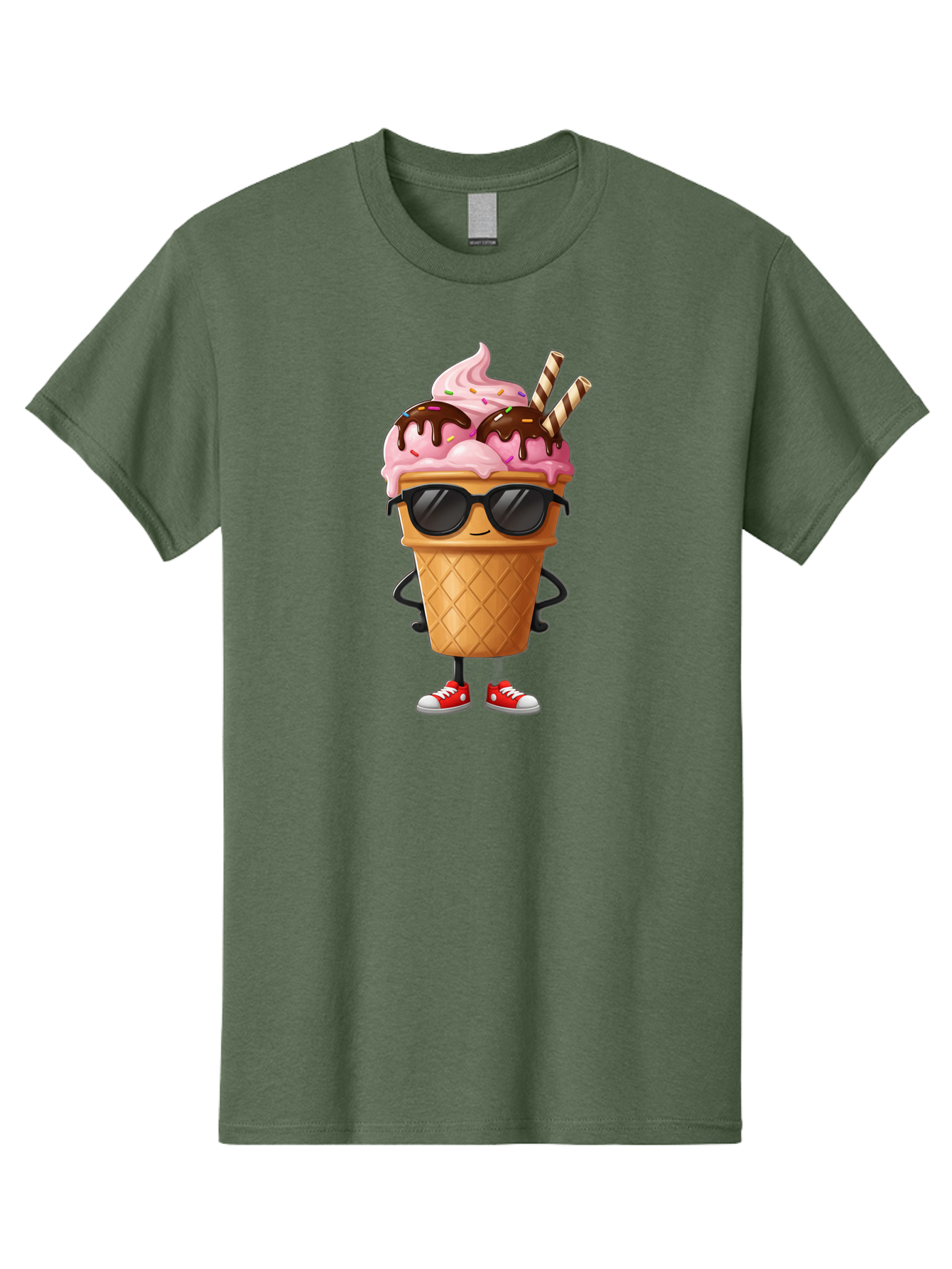 Cool-Ice-Cream-2 Men'S Graphic Tee, 100% Cotton, Comfortable Casual Summer Wear, Machine Washable, Ice Cream Cone Character, Pink Ice Cream, Chocolate Sauce, Striped Straws, Sunglasses, Red Sneakers, Cartoon Character, Sweet Treat, Baa400
