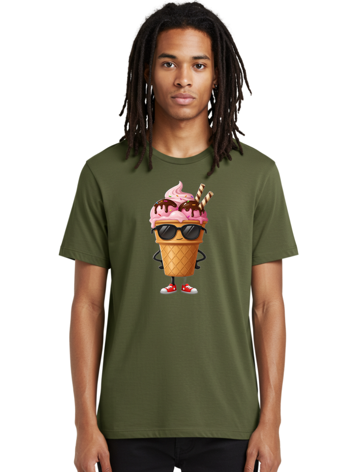 Cool-Ice-Cream-2 Men'S Graphic Tee, 100% Cotton, Comfortable Casual Summer Wear, Machine Washable, Ice Cream Cone Character, Pink Ice Cream, Chocolate Sauce, Striped Straws, Sunglasses, Red Sneakers, Cartoon Character, Sweet Treat, Baa400