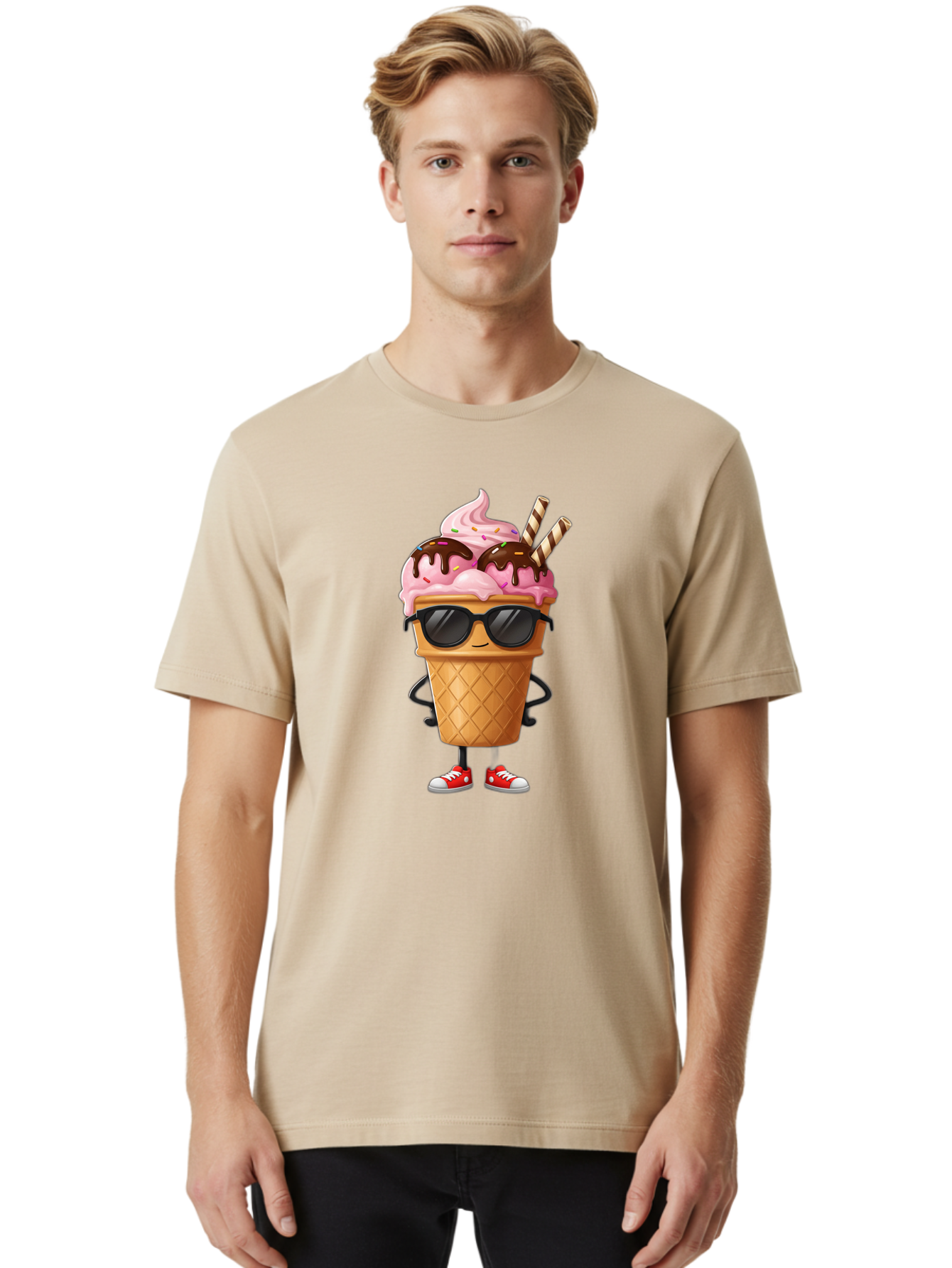 Cool-Ice-Cream-2 Men'S Graphic Tee, 100% Cotton, Comfortable Casual Summer Wear, Machine Washable, Ice Cream Cone Character, Pink Ice Cream, Chocolate Sauce, Striped Straws, Sunglasses, Red Sneakers, Cartoon Character, Sweet Treat, Baa400
