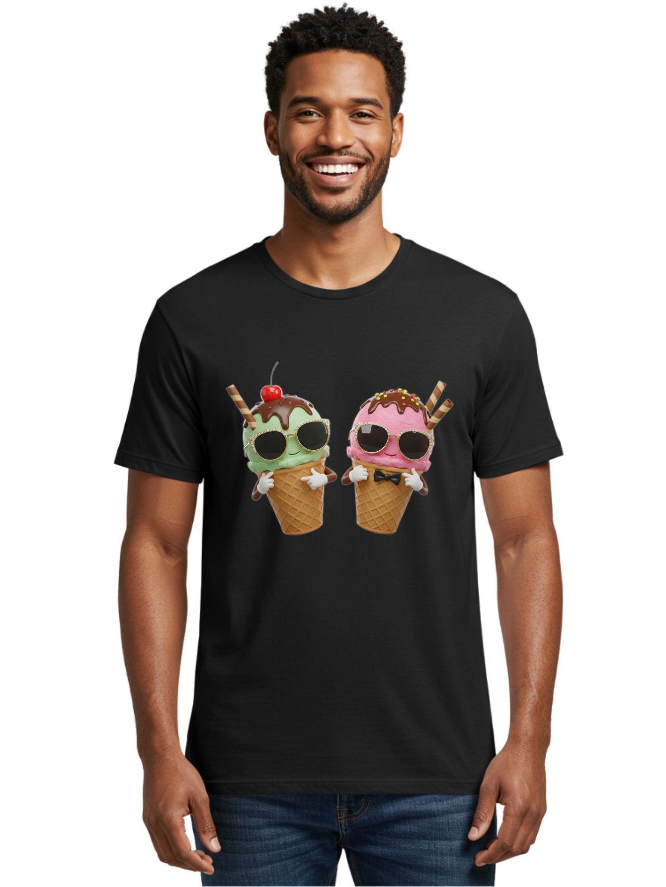 Cool-Ice-Cream-Cones-1 Men'S Graphic Tee, 100% Cotton, Comfortable Casual Summer Wear, Machine Washable, Fun Ice Cream, Cool Treats, Waffle Cones, Mint Ice Cream, Strawberry Ice Cream, Chocolate Sauce, Sunglasses, Playful Accessories, Baa401