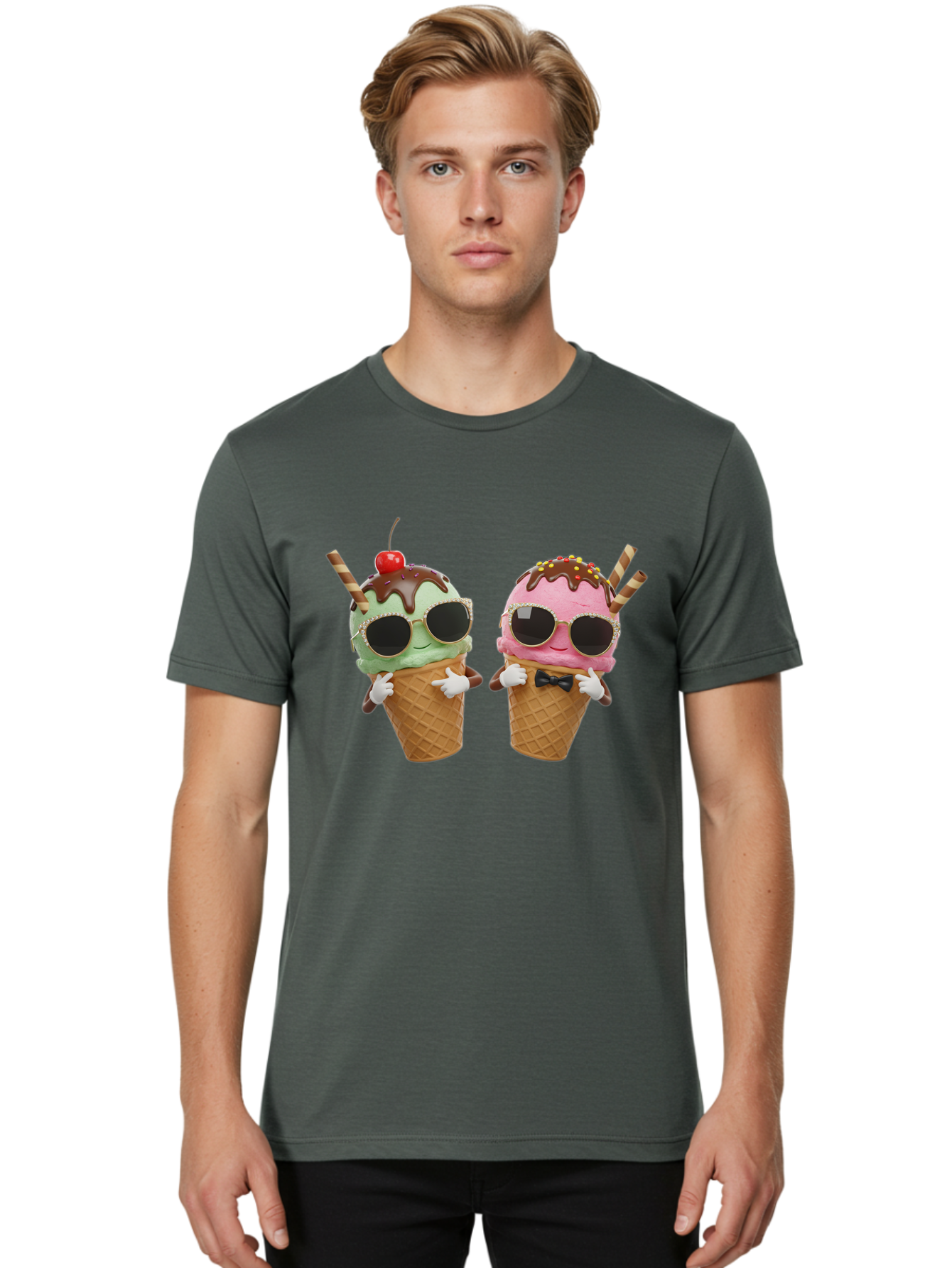 Cool-Ice-Cream-Cones-1 Men'S Graphic Tee, 100% Cotton, Comfortable Casual Summer Wear, Machine Washable, Fun Ice Cream, Cool Treats, Waffle Cones, Mint Ice Cream, Strawberry Ice Cream, Chocolate Sauce, Sunglasses, Playful Accessories, Baa401