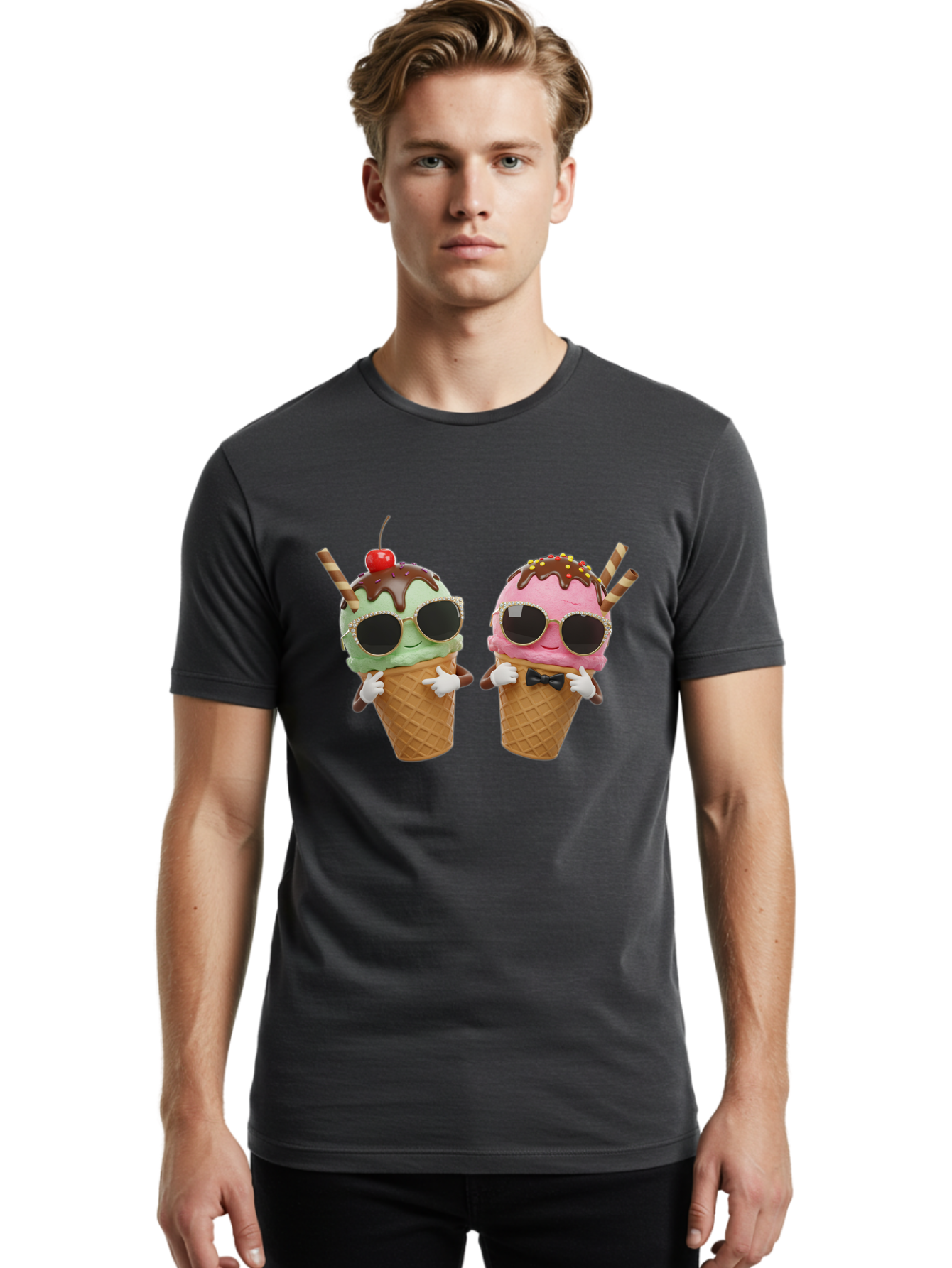 Cool-Ice-Cream-Cones-1 Men'S Graphic Tee, 100% Cotton, Comfortable Casual Summer Wear, Machine Washable, Fun Ice Cream, Cool Treats, Waffle Cones, Mint Ice Cream, Strawberry Ice Cream, Chocolate Sauce, Sunglasses, Playful Accessories, Baa401
