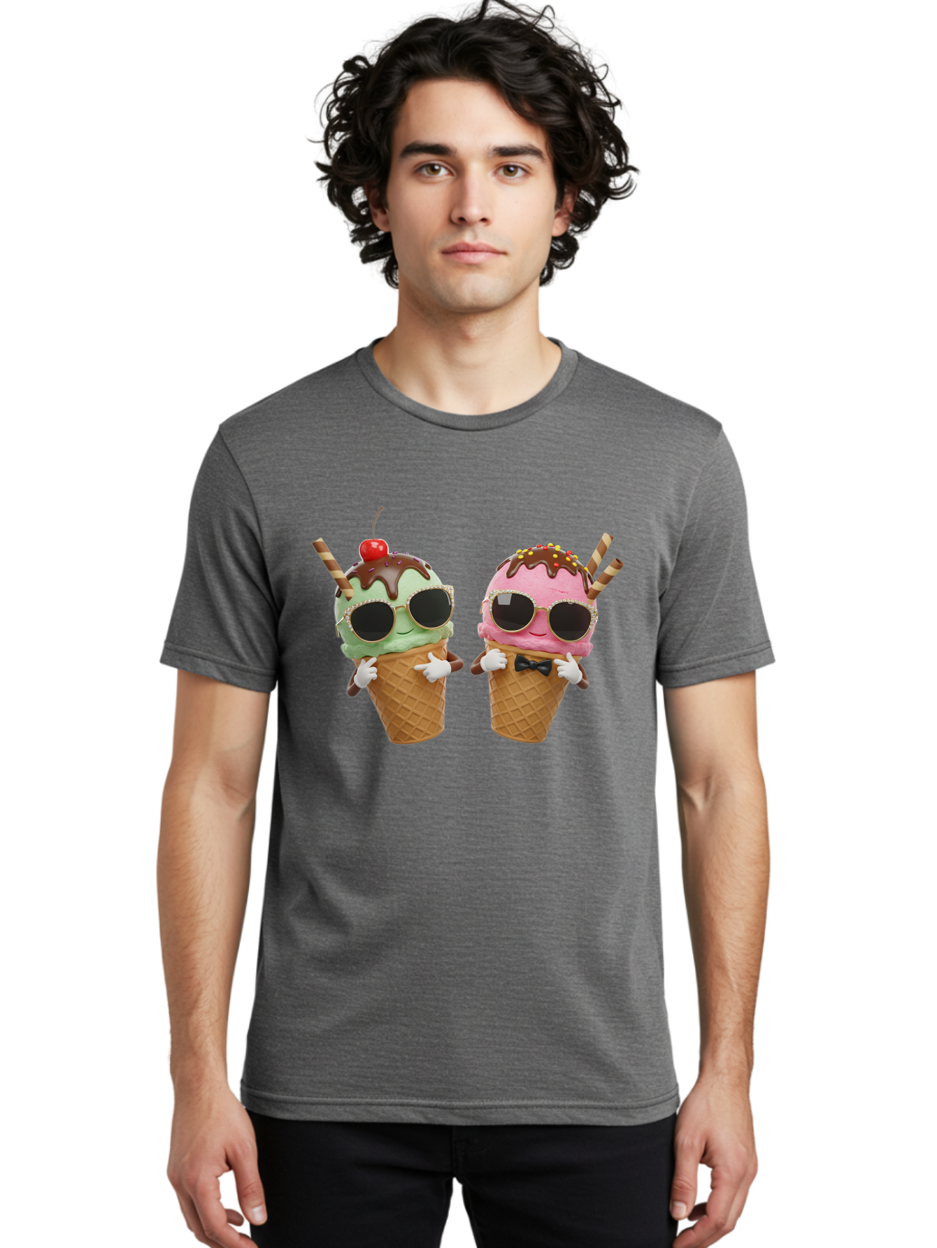 Cool-Ice-Cream-Cones-1 Men'S Graphic Tee, 100% Cotton, Comfortable Casual Summer Wear, Machine Washable, Fun Ice Cream, Cool Treats, Waffle Cones, Mint Ice Cream, Strawberry Ice Cream, Chocolate Sauce, Sunglasses, Playful Accessories, Baa401