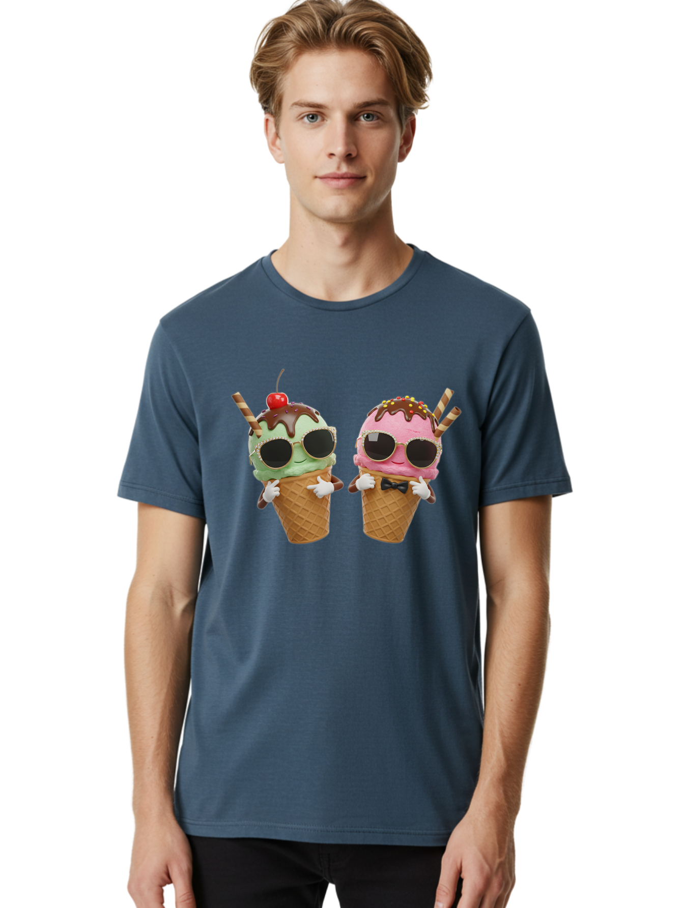 Cool-Ice-Cream-Cones-1 Men'S Graphic Tee, 100% Cotton, Comfortable Casual Summer Wear, Machine Washable, Fun Ice Cream, Cool Treats, Waffle Cones, Mint Ice Cream, Strawberry Ice Cream, Chocolate Sauce, Sunglasses, Playful Accessories, Baa401