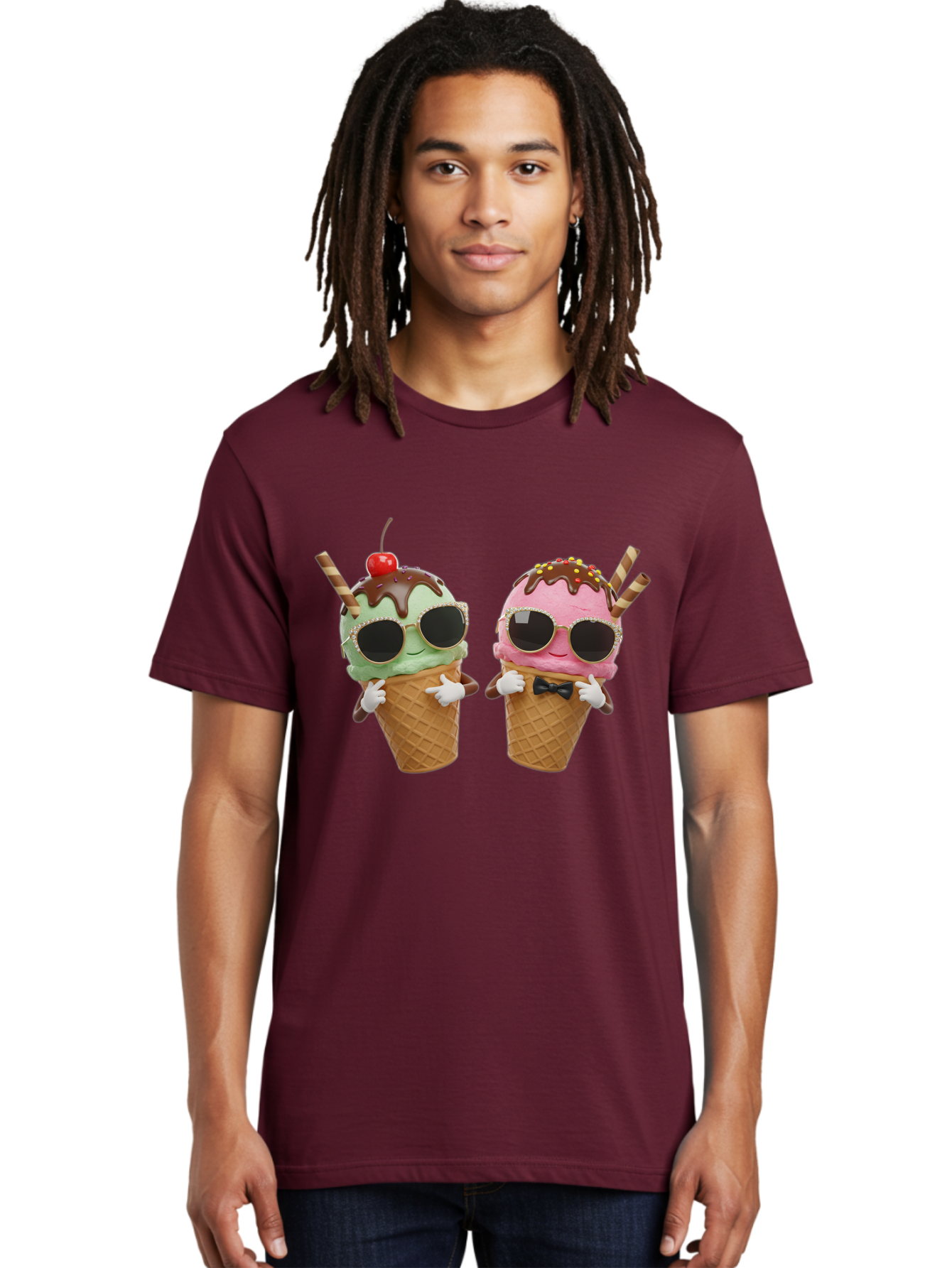 Cool-Ice-Cream-Cones-1 Men'S Graphic Tee, 100% Cotton, Comfortable Casual Summer Wear, Machine Washable, Fun Ice Cream, Cool Treats, Waffle Cones, Mint Ice Cream, Strawberry Ice Cream, Chocolate Sauce, Sunglasses, Playful Accessories, Baa401