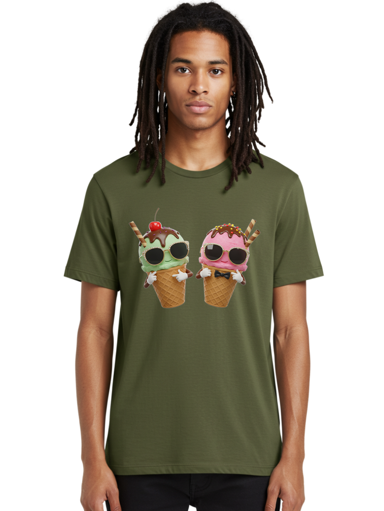 Cool-Ice-Cream-Cones-1 Men'S Graphic Tee, 100% Cotton, Comfortable Casual Summer Wear, Machine Washable, Fun Ice Cream, Cool Treats, Waffle Cones, Mint Ice Cream, Strawberry Ice Cream, Chocolate Sauce, Sunglasses, Playful Accessories, Baa401
