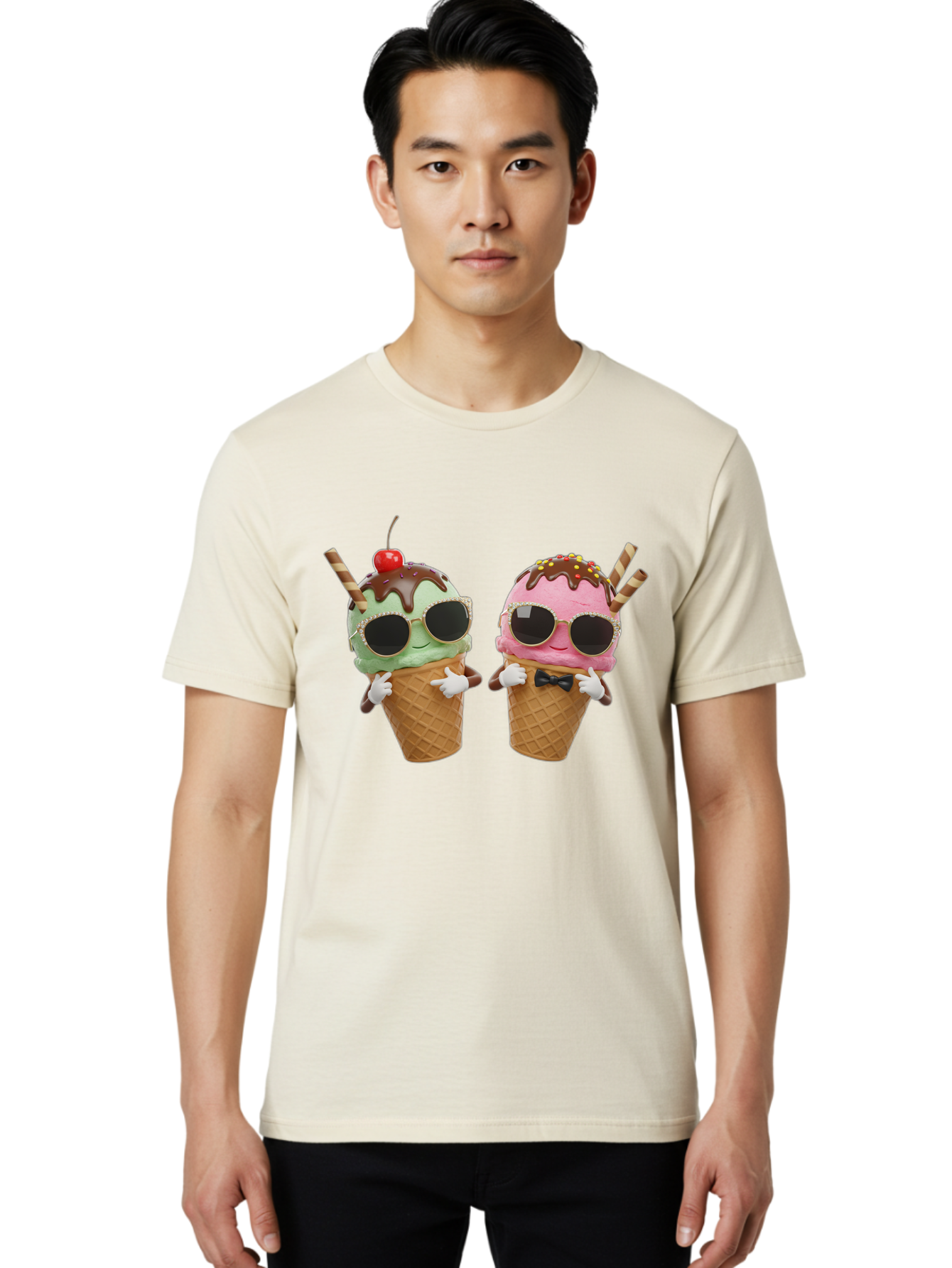 Cool-Ice-Cream-Cones-1 Men'S Graphic Tee, 100% Cotton, Comfortable Casual Summer Wear, Machine Washable, Fun Ice Cream, Cool Treats, Waffle Cones, Mint Ice Cream, Strawberry Ice Cream, Chocolate Sauce, Sunglasses, Playful Accessories, Baa401
