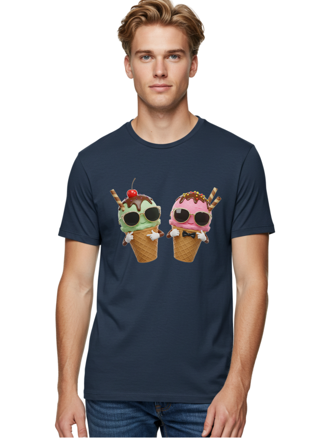 Cool-Ice-Cream-Cones-1 Men'S Graphic Tee, 100% Cotton, Comfortable Casual Summer Wear, Machine Washable, Fun Ice Cream, Cool Treats, Waffle Cones, Mint Ice Cream, Strawberry Ice Cream, Chocolate Sauce, Sunglasses, Playful Accessories, Baa401