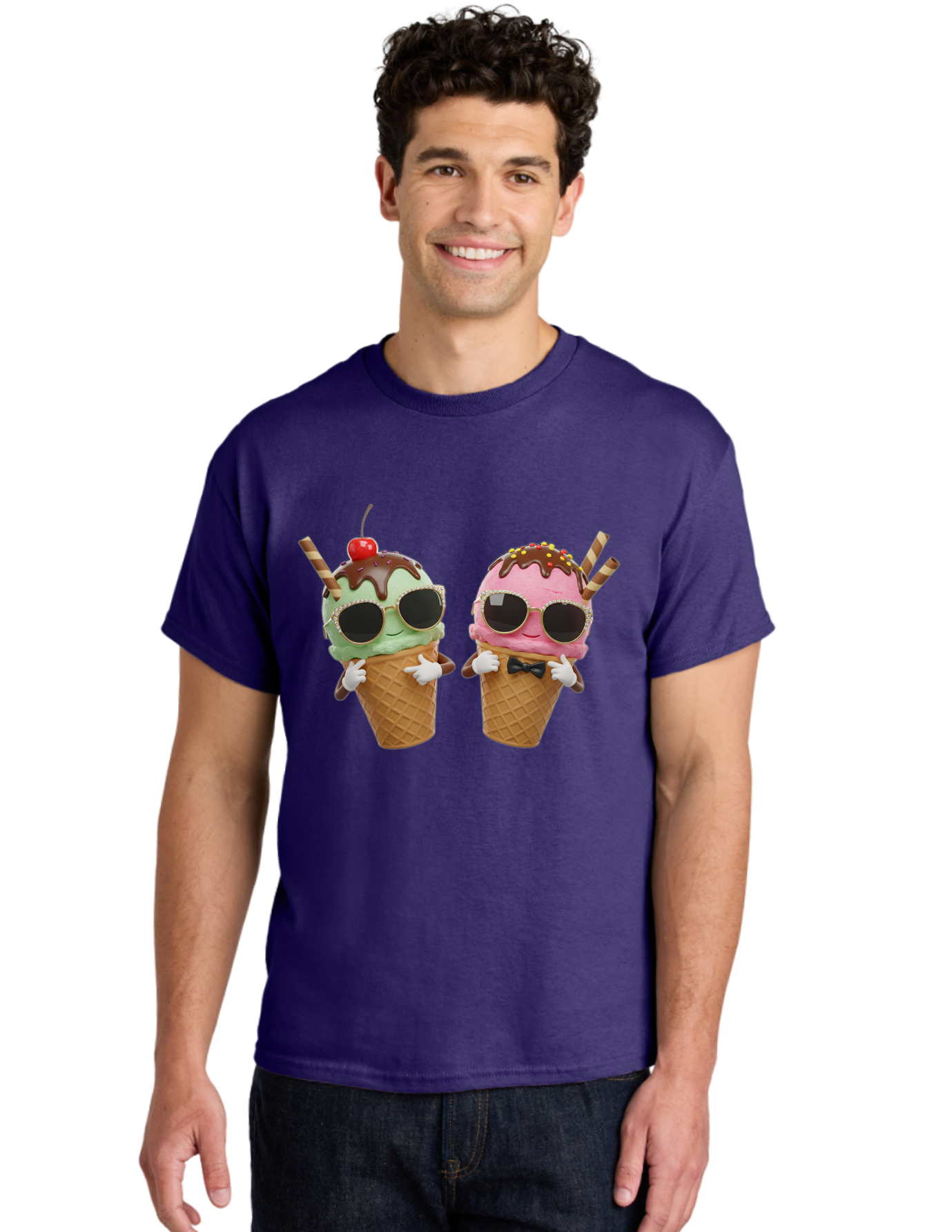 Cool-Ice-Cream-Cones-1 Men'S Graphic Tee, 100% Cotton, Comfortable Casual Summer Wear, Machine Washable, Fun Ice Cream, Cool Treats, Waffle Cones, Mint Ice Cream, Strawberry Ice Cream, Chocolate Sauce, Sunglasses, Playful Accessories, Baa401