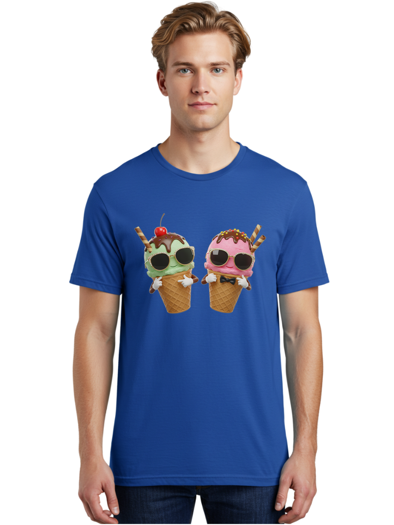 Cool-Ice-Cream-Cones-1 Men'S Graphic Tee, 100% Cotton, Comfortable Casual Summer Wear, Machine Washable, Fun Ice Cream, Cool Treats, Waffle Cones, Mint Ice Cream, Strawberry Ice Cream, Chocolate Sauce, Sunglasses, Playful Accessories, Baa401