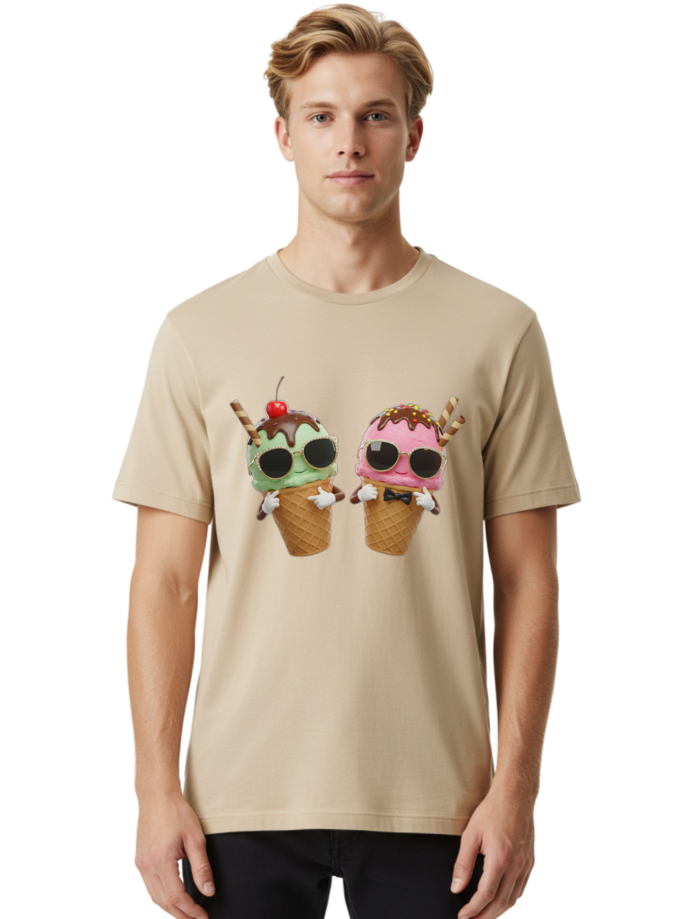 Cool-Ice-Cream-Cones-1 Men'S Graphic Tee, 100% Cotton, Comfortable Casual Summer Wear, Machine Washable, Fun Ice Cream, Cool Treats, Waffle Cones, Mint Ice Cream, Strawberry Ice Cream, Chocolate Sauce, Sunglasses, Playful Accessories, Baa401