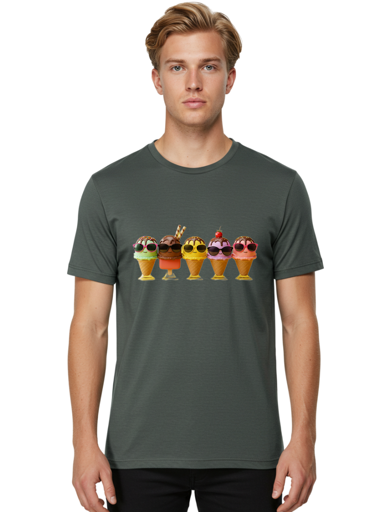 Cool-Ice-Cream-Cones Men'S Graphic Tee, 100% Cotton, Comfortable Casual Summer Wear, Machine Washable, Ice Cream Cones, Sunglasses, Cartoon Characters, Colorful Desserts, Sweet Treats, Fun Food, Happy Vibes, Summer Fun, Cool Cones Baa402