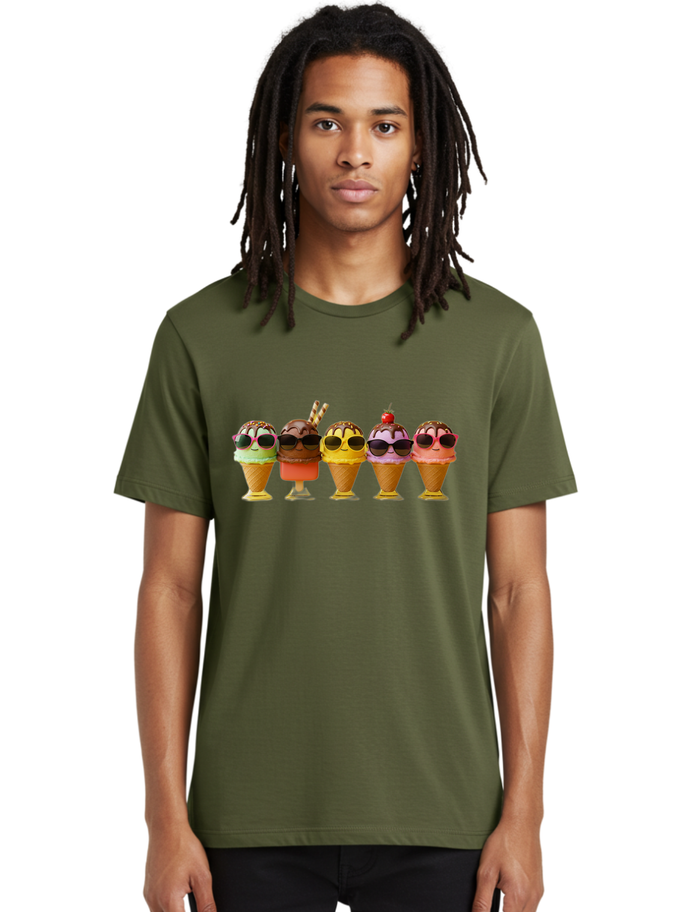 Cool-Ice-Cream-Cones Men'S Graphic Tee, 100% Cotton, Comfortable Casual Summer Wear, Machine Washable, Ice Cream Cones, Sunglasses, Cartoon Characters, Colorful Desserts, Sweet Treats, Fun Food, Happy Vibes, Summer Fun, Cool Cones Baa402
