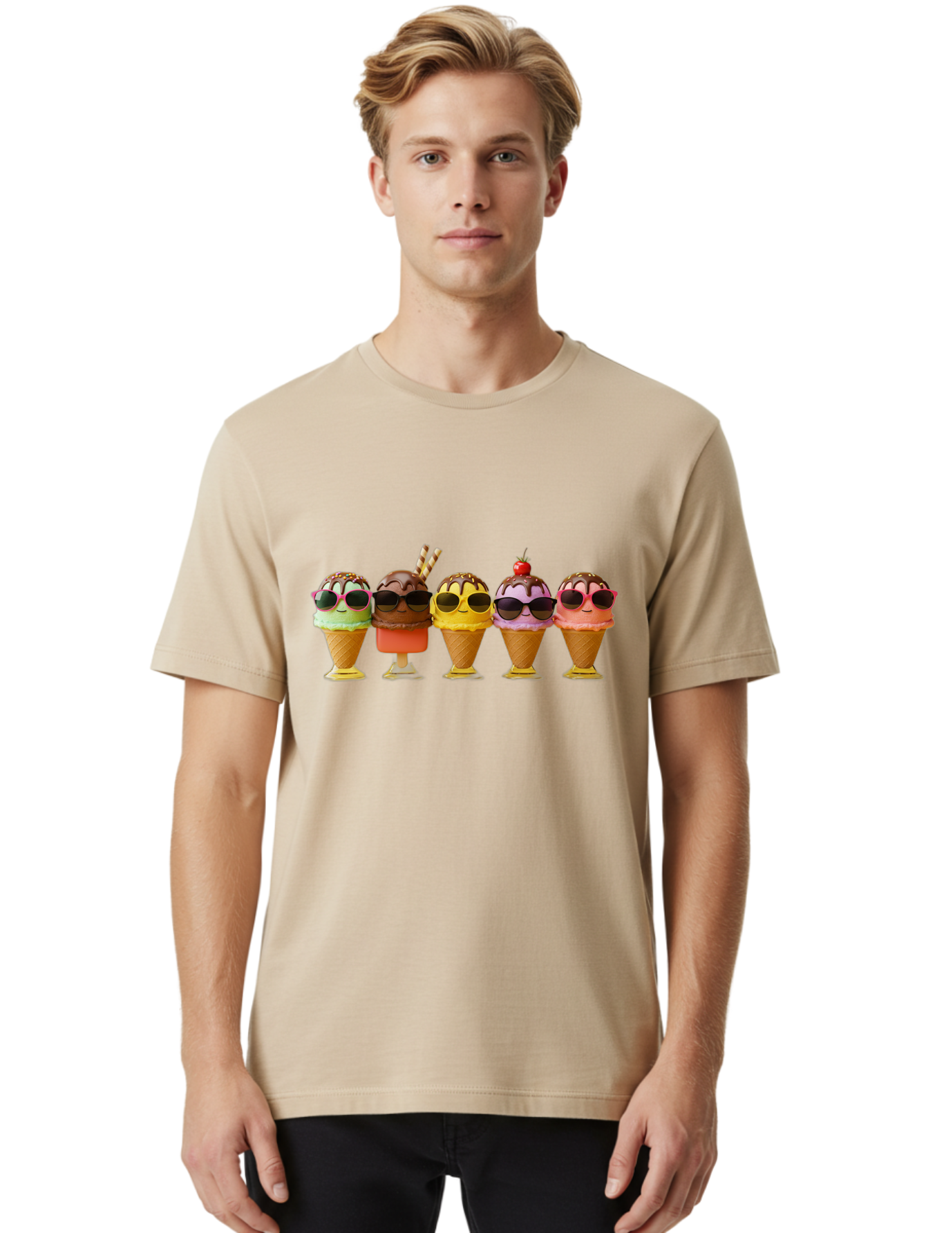 Cool-Ice-Cream-Cones Men'S Graphic Tee, 100% Cotton, Comfortable Casual Summer Wear, Machine Washable, Ice Cream Cones, Sunglasses, Cartoon Characters, Colorful Desserts, Sweet Treats, Fun Food, Happy Vibes, Summer Fun, Cool Cones Baa402