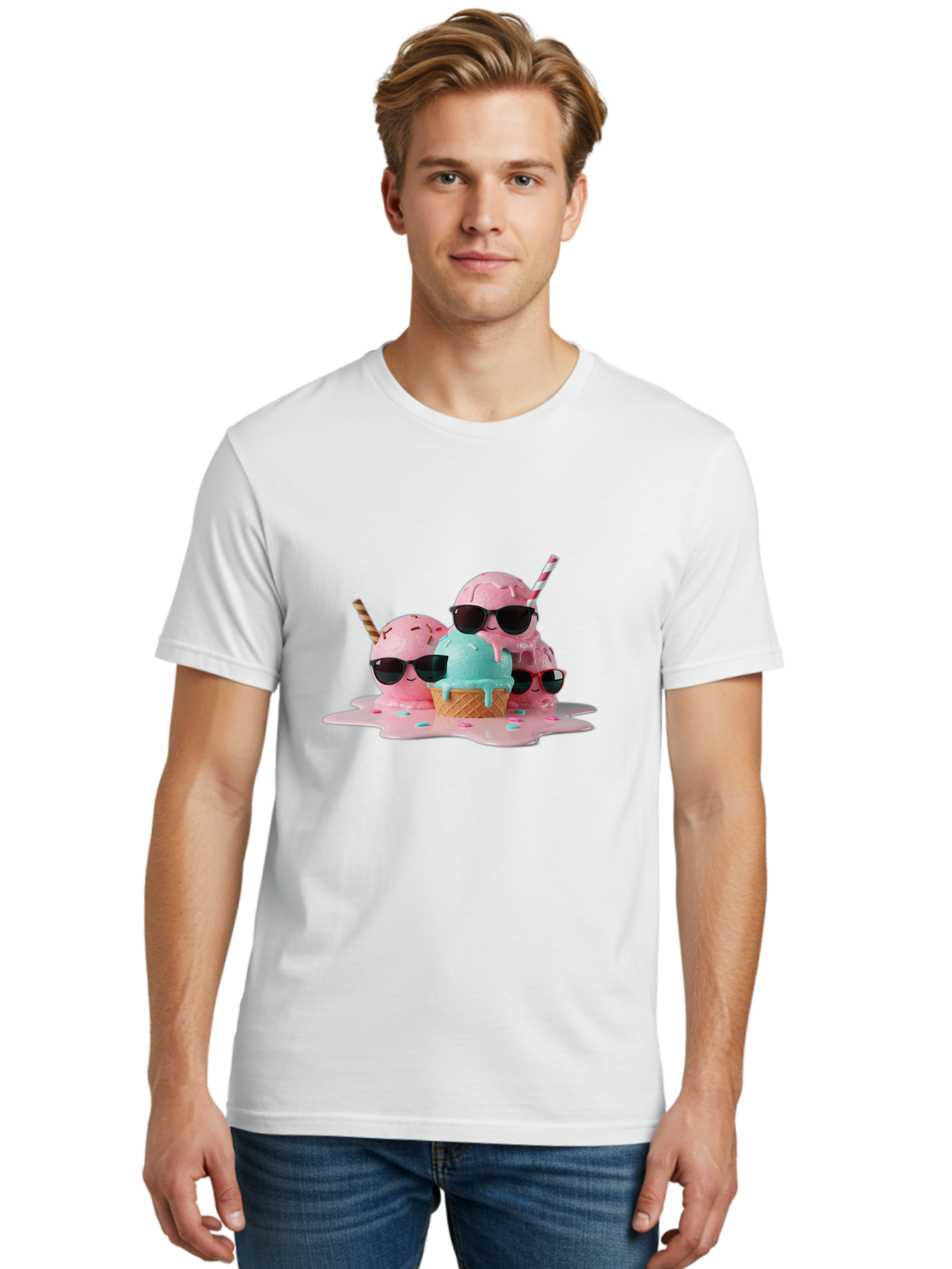 Cool-Ice-Cream Men'S Graphic Tee, 100% Cotton, Comfortable Casual Summer Wear, Machine Washable, Cool Ice Cream, Sunglasses, Pink Ice Cream, Melting Ice Cream, Blue Ice Cream, Sprinkles, Summer Treat, Sweet Dessert, Fun Snack, Cold Treat, Baa403