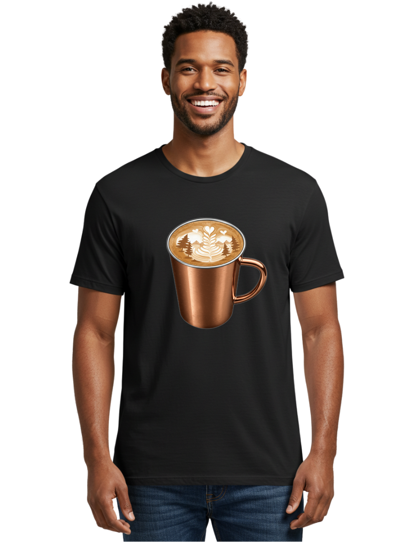 Copper-Coffee-Mug Men'S Graphic Tee, 100% Cotton, Comfortable Casual Summer Wear, Machine Washable, Latte Art, Coffee Drink, Copper Mug, Forest Design, Heart-Shaped Leaves, Coffee Culture, Specialty Coffee, Beverage, Morning Coffee Baa404