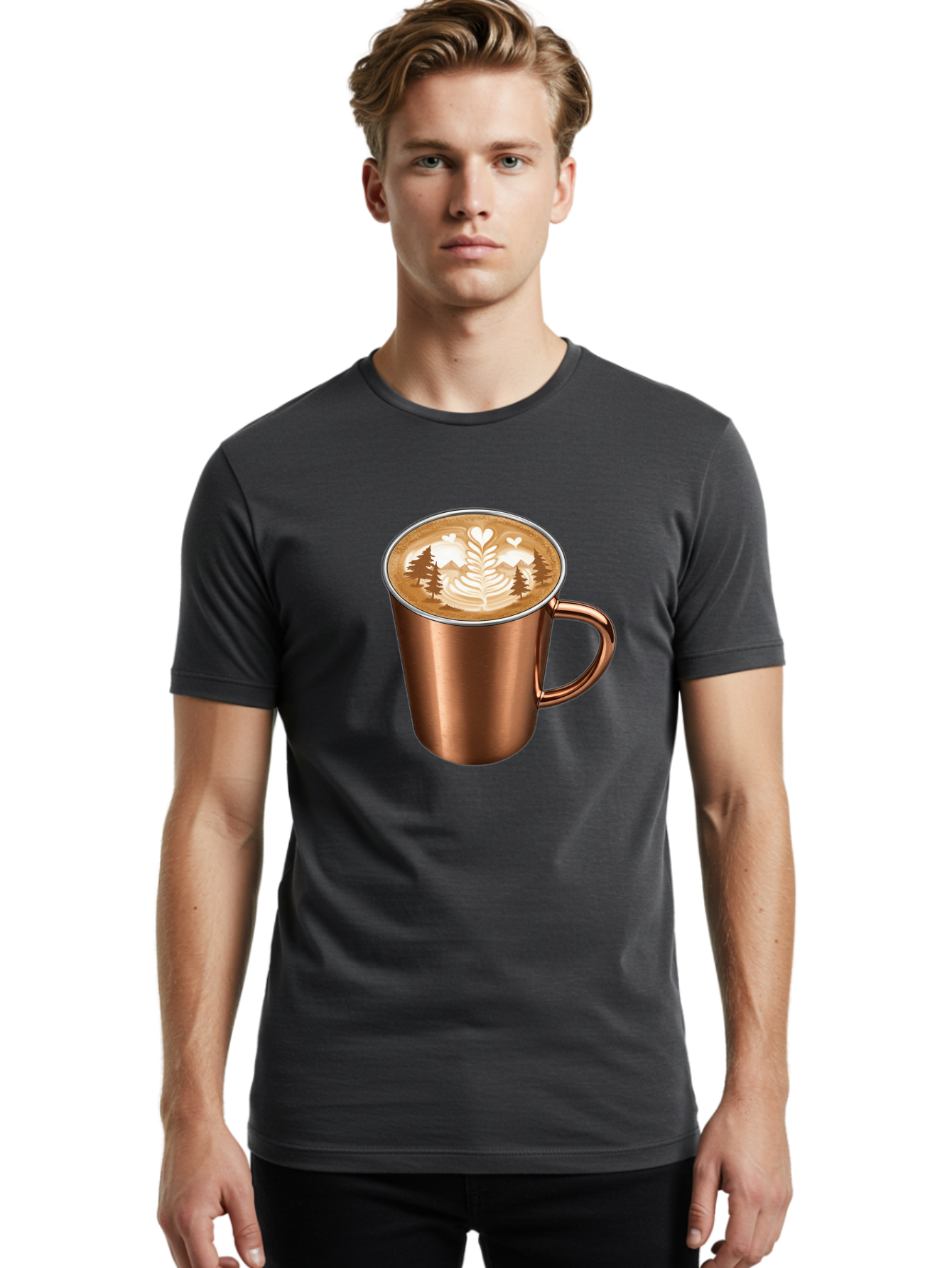 Copper-Coffee-Mug Men'S Graphic Tee, 100% Cotton, Comfortable Casual Summer Wear, Machine Washable, Latte Art, Coffee Drink, Copper Mug, Forest Design, Heart-Shaped Leaves, Coffee Culture, Specialty Coffee, Beverage, Morning Coffee Baa404