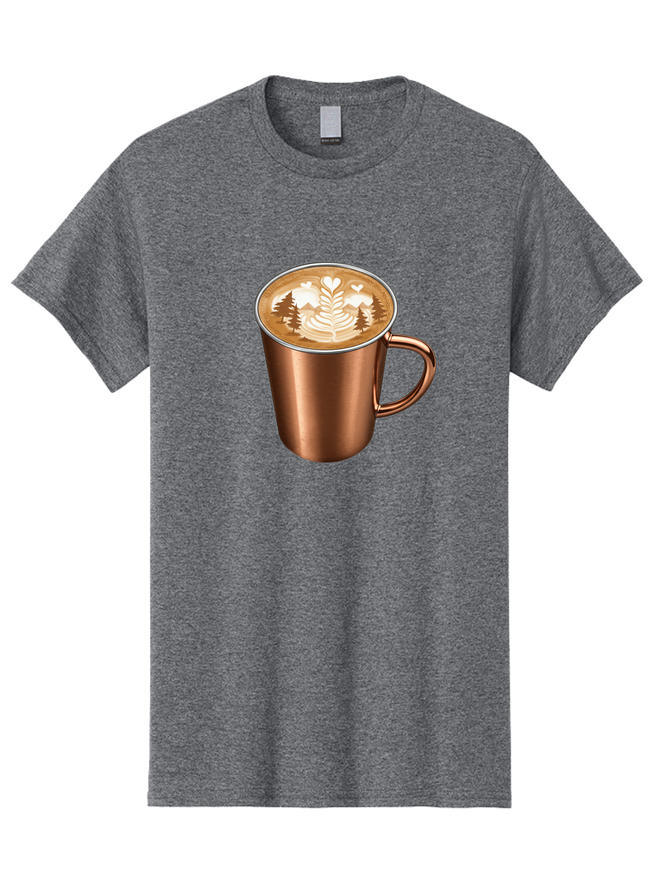 Copper-Coffee-Mug Men'S Graphic Tee, 100% Cotton, Comfortable Casual Summer Wear, Machine Washable, Latte Art, Coffee Drink, Copper Mug, Forest Design, Heart-Shaped Leaves, Coffee Culture, Specialty Coffee, Beverage, Morning Coffee Baa404