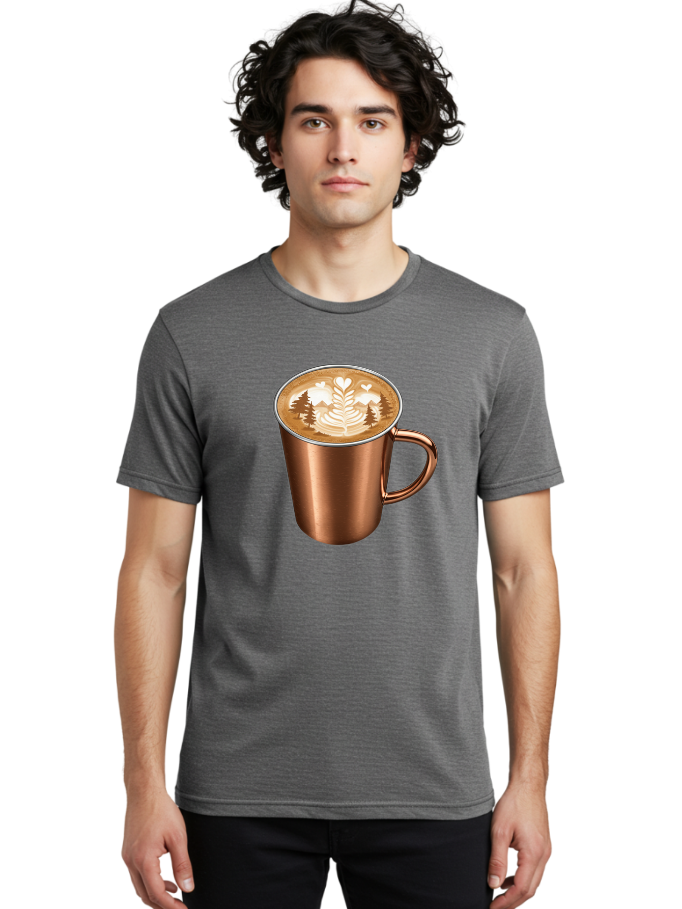 Copper-Coffee-Mug Men'S Graphic Tee, 100% Cotton, Comfortable Casual Summer Wear, Machine Washable, Latte Art, Coffee Drink, Copper Mug, Forest Design, Heart-Shaped Leaves, Coffee Culture, Specialty Coffee, Beverage, Morning Coffee Baa404