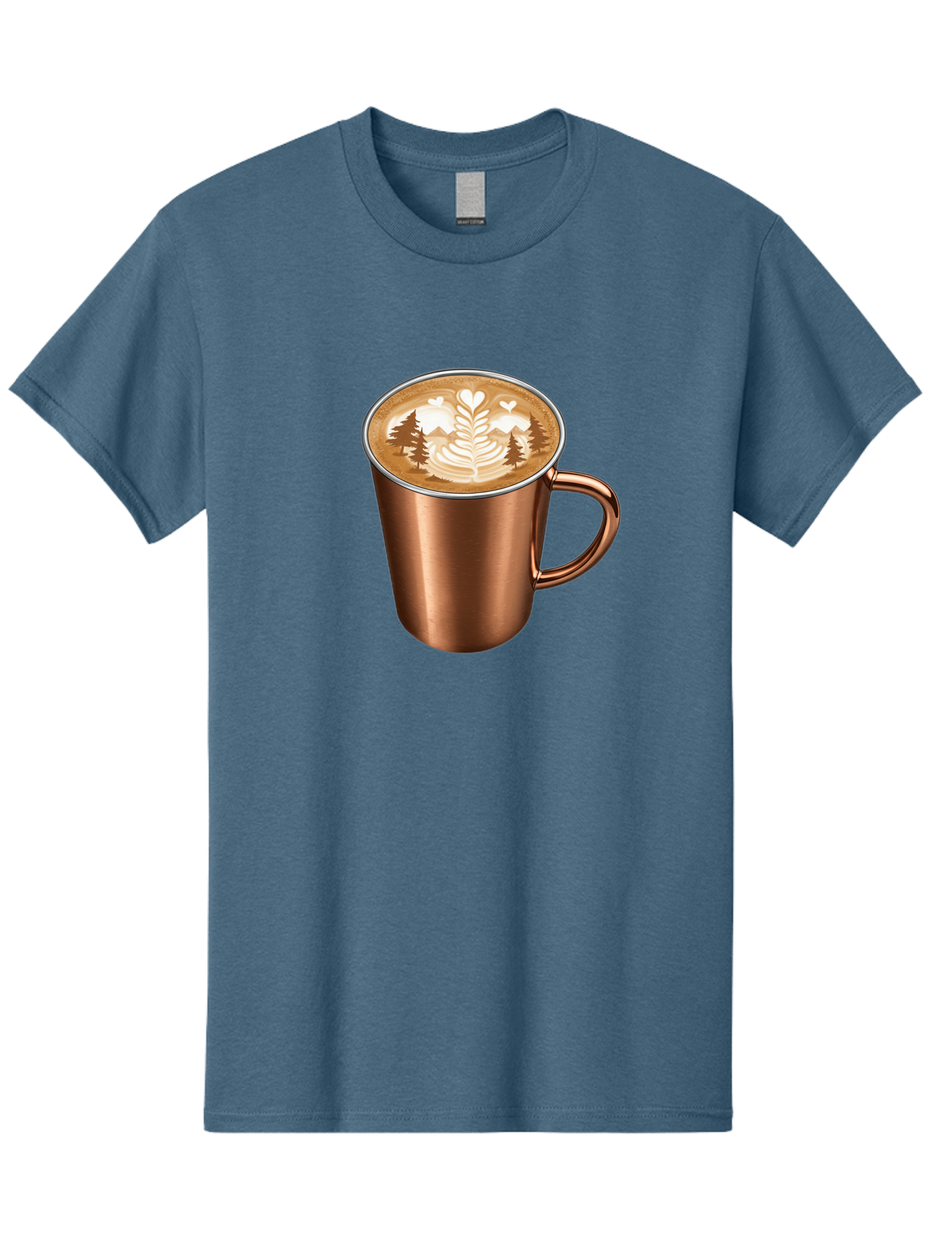 Copper-Coffee-Mug Men'S Graphic Tee, 100% Cotton, Comfortable Casual Summer Wear, Machine Washable, Latte Art, Coffee Drink, Copper Mug, Forest Design, Heart-Shaped Leaves, Coffee Culture, Specialty Coffee, Beverage, Morning Coffee Baa404