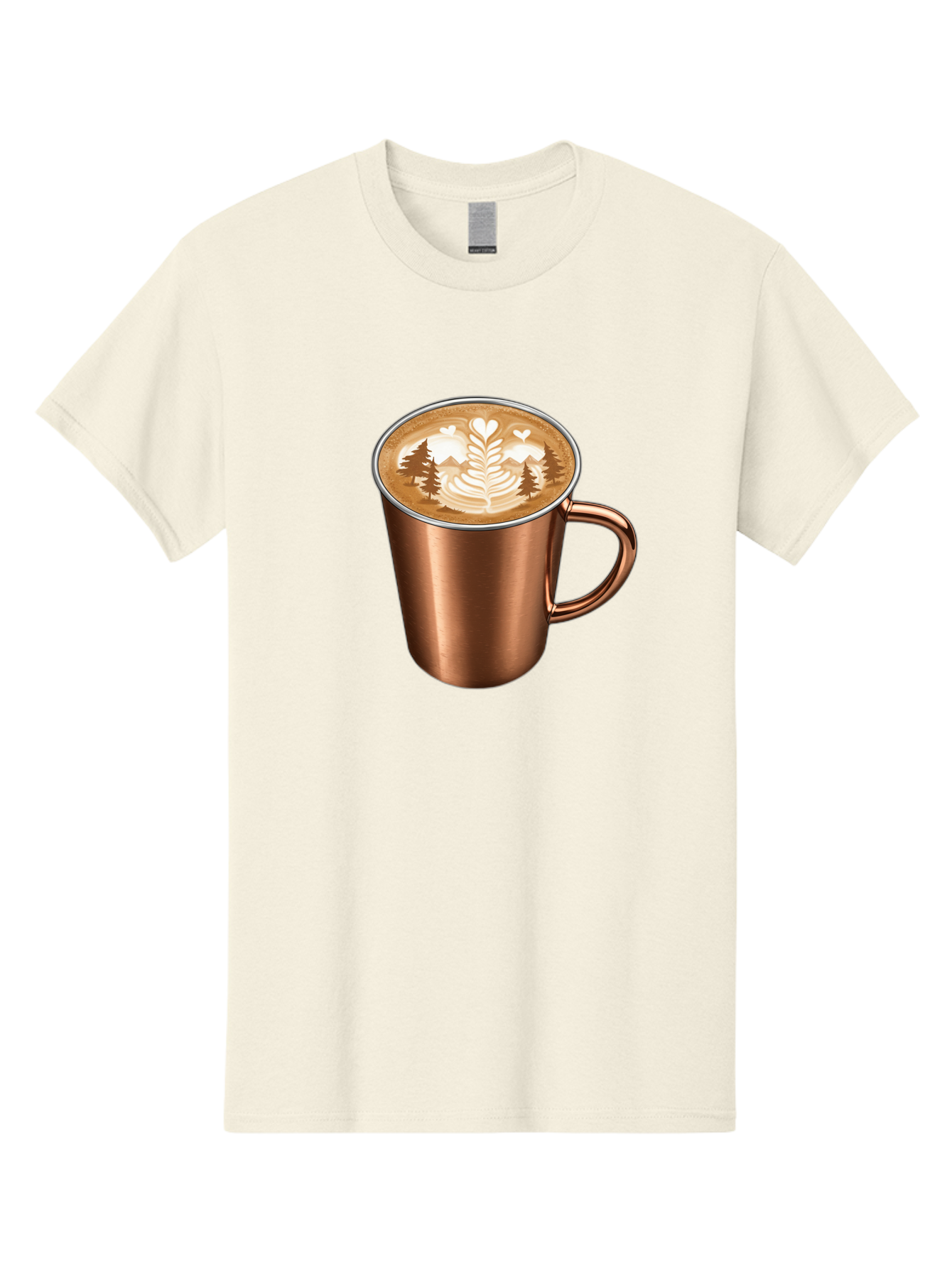 Copper-Coffee-Mug Men'S Graphic Tee, 100% Cotton, Comfortable Casual Summer Wear, Machine Washable, Latte Art, Coffee Drink, Copper Mug, Forest Design, Heart-Shaped Leaves, Coffee Culture, Specialty Coffee, Beverage, Morning Coffee Baa404