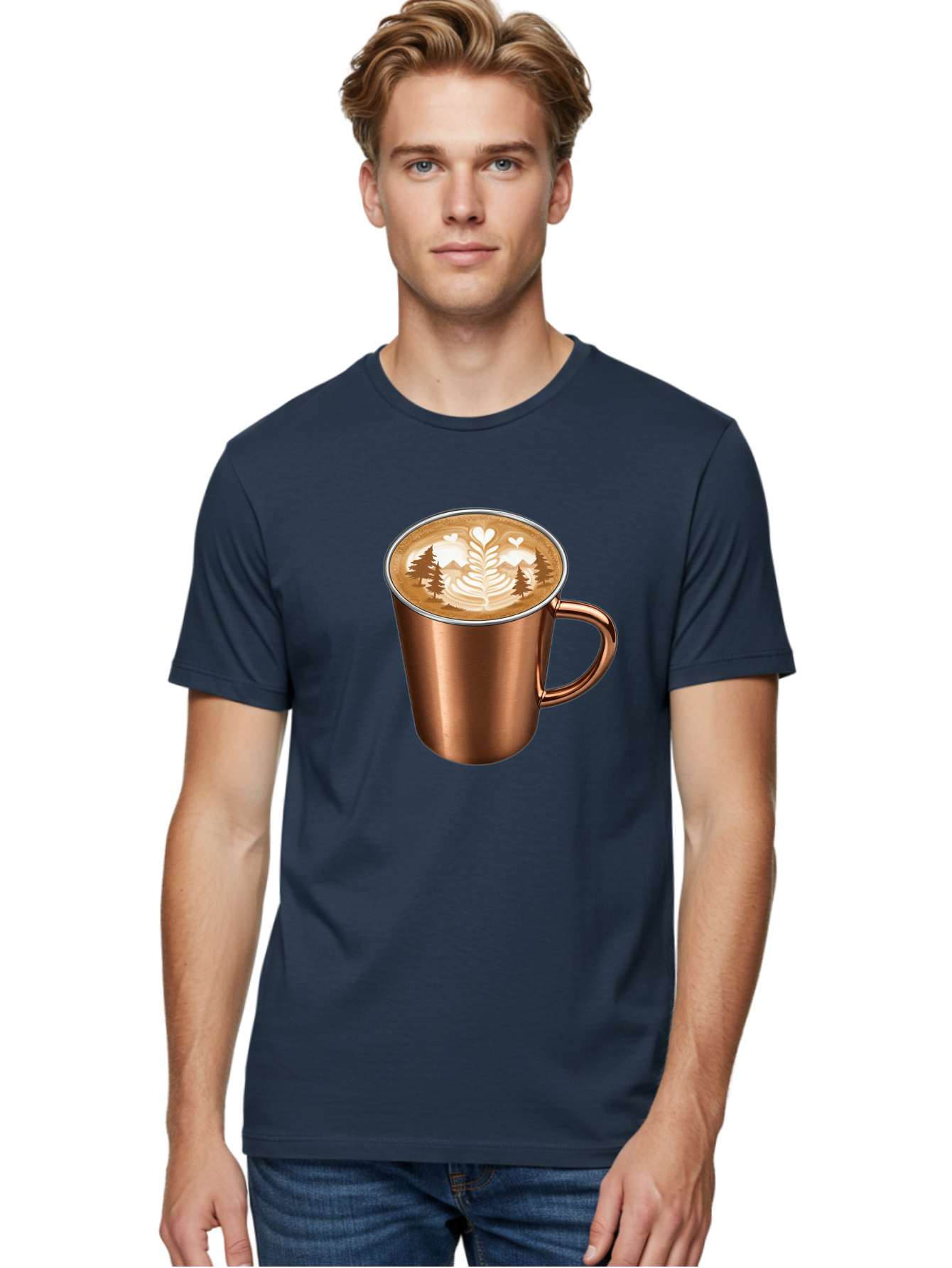 Copper-Coffee-Mug Men'S Graphic Tee, 100% Cotton, Comfortable Casual Summer Wear, Machine Washable, Latte Art, Coffee Drink, Copper Mug, Forest Design, Heart-Shaped Leaves, Coffee Culture, Specialty Coffee, Beverage, Morning Coffee Baa404