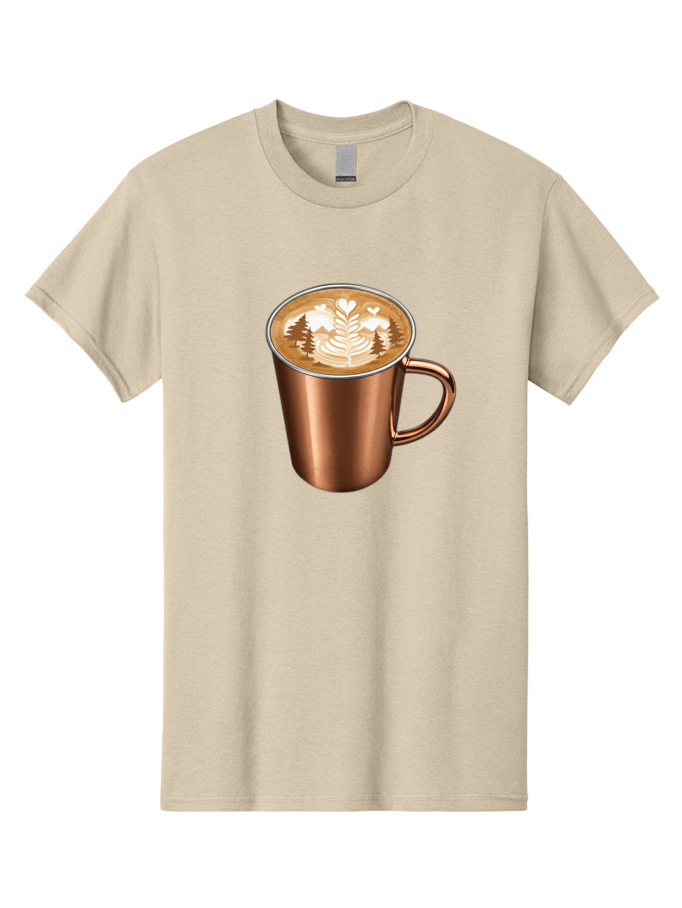 Copper-Coffee-Mug Men'S Graphic Tee, 100% Cotton, Comfortable Casual Summer Wear, Machine Washable, Latte Art, Coffee Drink, Copper Mug, Forest Design, Heart-Shaped Leaves, Coffee Culture, Specialty Coffee, Beverage, Morning Coffee Baa404