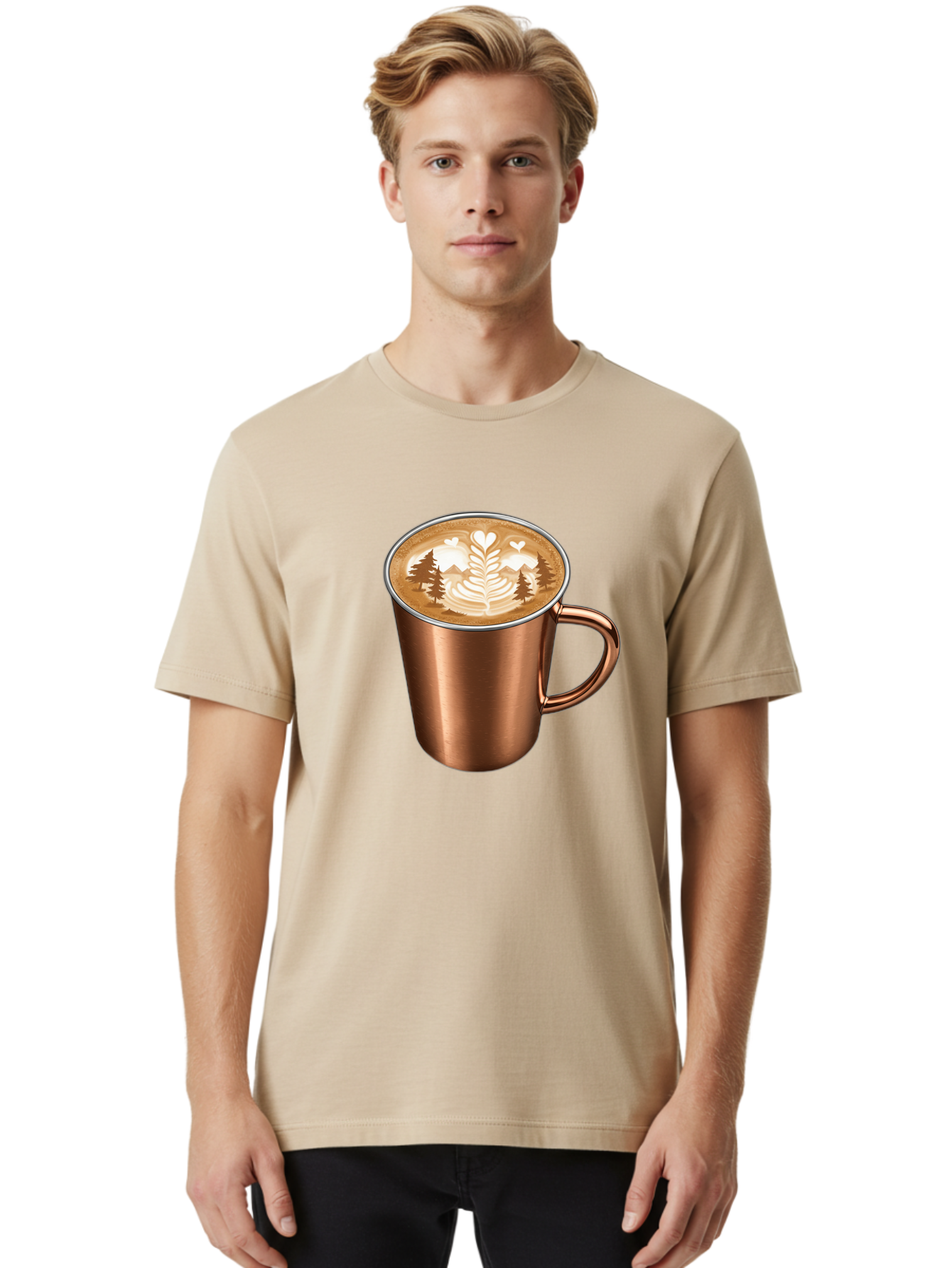 Copper-Coffee-Mug Men'S Graphic Tee, 100% Cotton, Comfortable Casual Summer Wear, Machine Washable, Latte Art, Coffee Drink, Copper Mug, Forest Design, Heart-Shaped Leaves, Coffee Culture, Specialty Coffee, Beverage, Morning Coffee Baa404