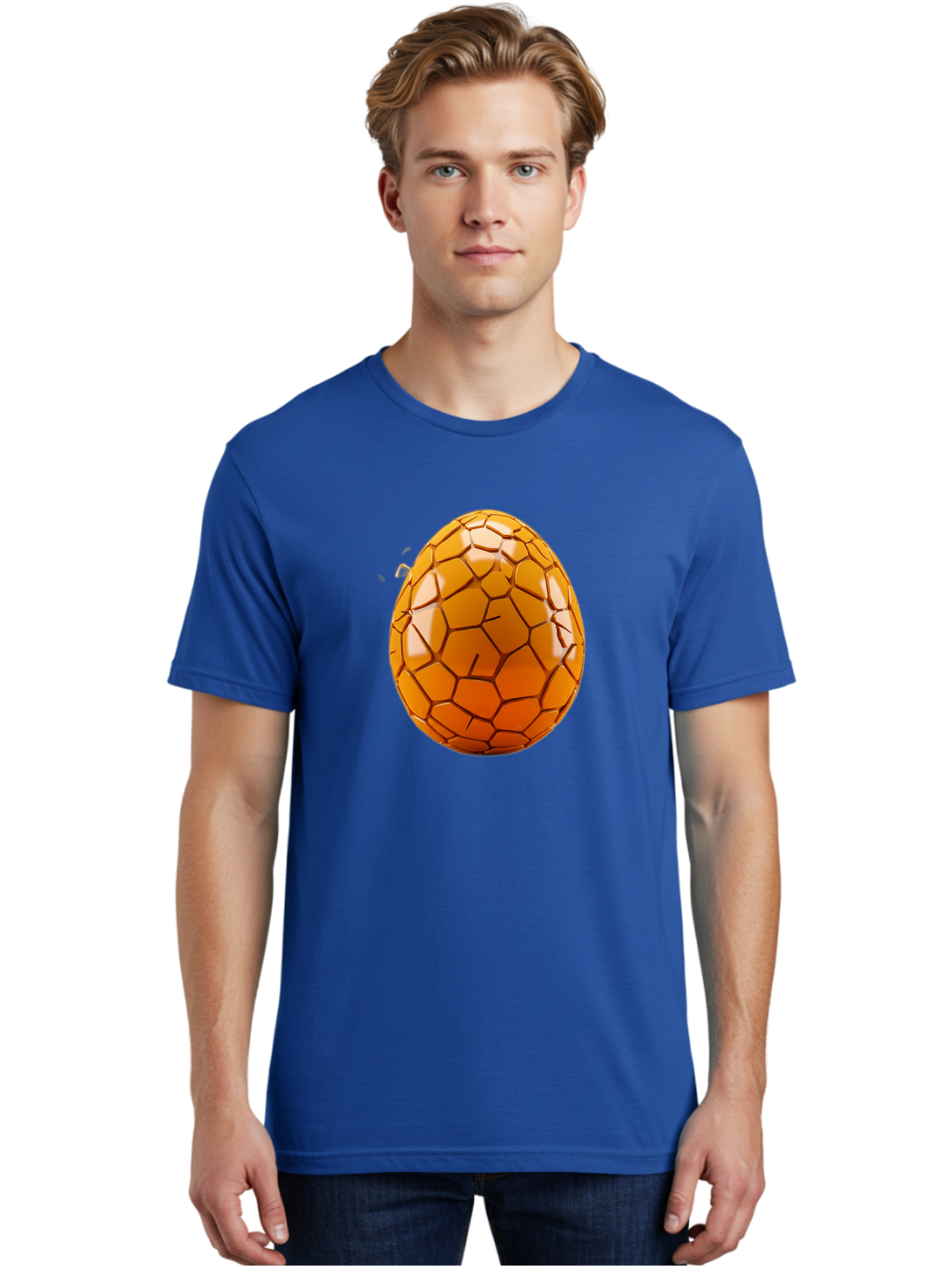 Cracked-Golden-Egg Men'S Graphic Tee, 100% Cotton, Comfortable Casual Summer Wear, Machine Washable, Soccer Ball Texture, Egg Shape, Golden Color, Shiny Surface, Geometric Pattern, Sporty Design, Unique Fusion, Easter Egg Inspiration, Baa411