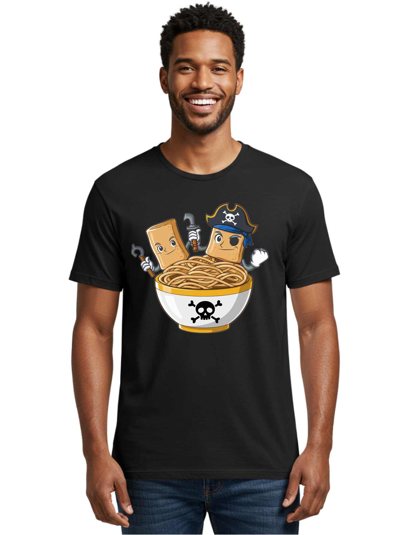 Crackers-In-A-Skull-Bowl Men'S Graphic Tee, 100% Cotton, Comfortable Casual Summer Wear, Machine Washable, Cartoon Crackers, Pirate-Themed, Noodles In Bowl, Skull And Crossbones, Playful Cartoon, Pirate Crackers, Animated Noodles, Baa412