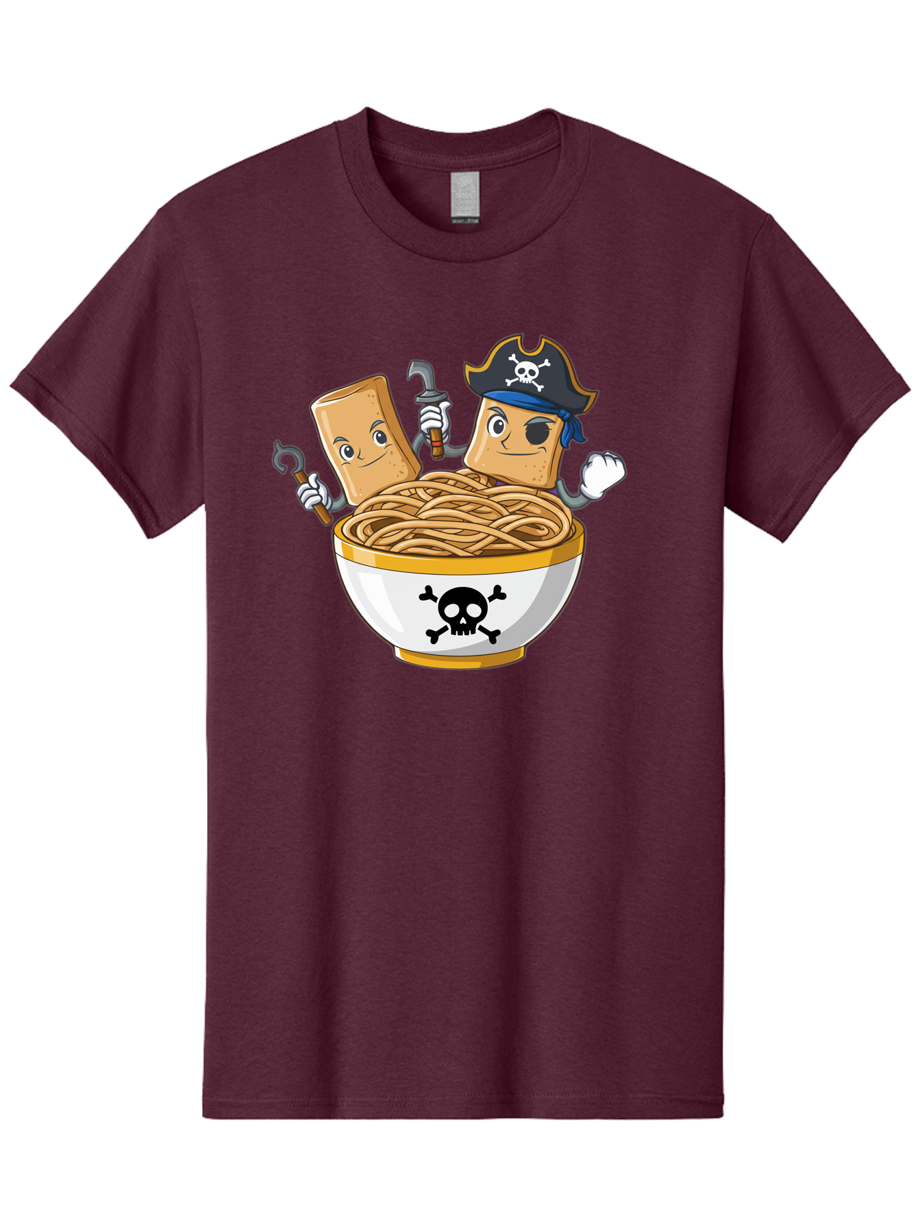 Crackers-In-A-Skull-Bowl Men'S Graphic Tee, 100% Cotton, Comfortable Casual Summer Wear, Machine Washable, Cartoon Crackers, Pirate-Themed, Noodles In Bowl, Skull And Crossbones, Playful Cartoon, Pirate Crackers, Animated Noodles, Baa412