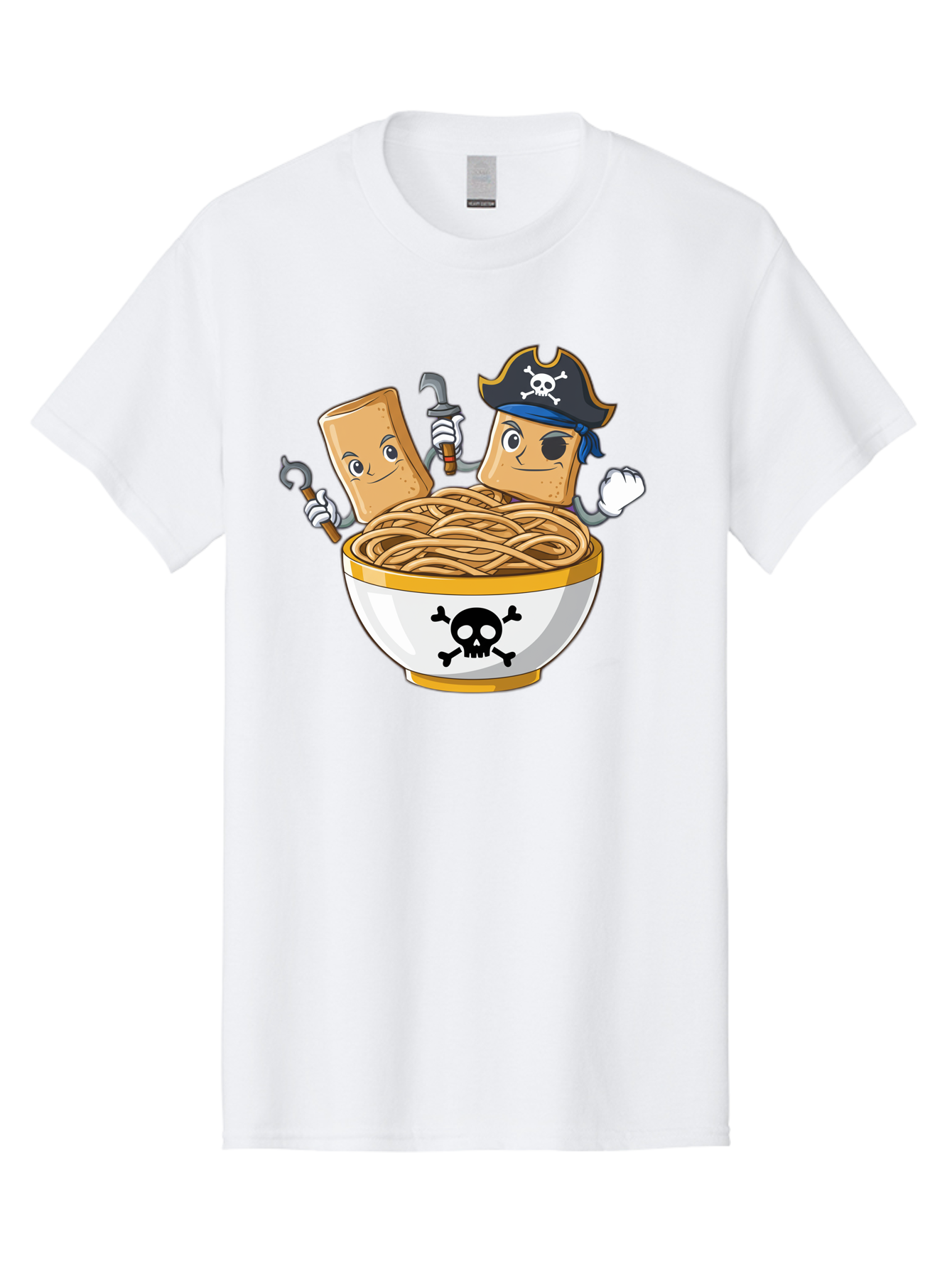 Crackers-In-A-Skull-Bowl Men'S Graphic Tee, 100% Cotton, Comfortable Casual Summer Wear, Machine Washable, Cartoon Crackers, Pirate-Themed, Noodles In Bowl, Skull And Crossbones, Playful Cartoon, Pirate Crackers, Animated Noodles, Baa412