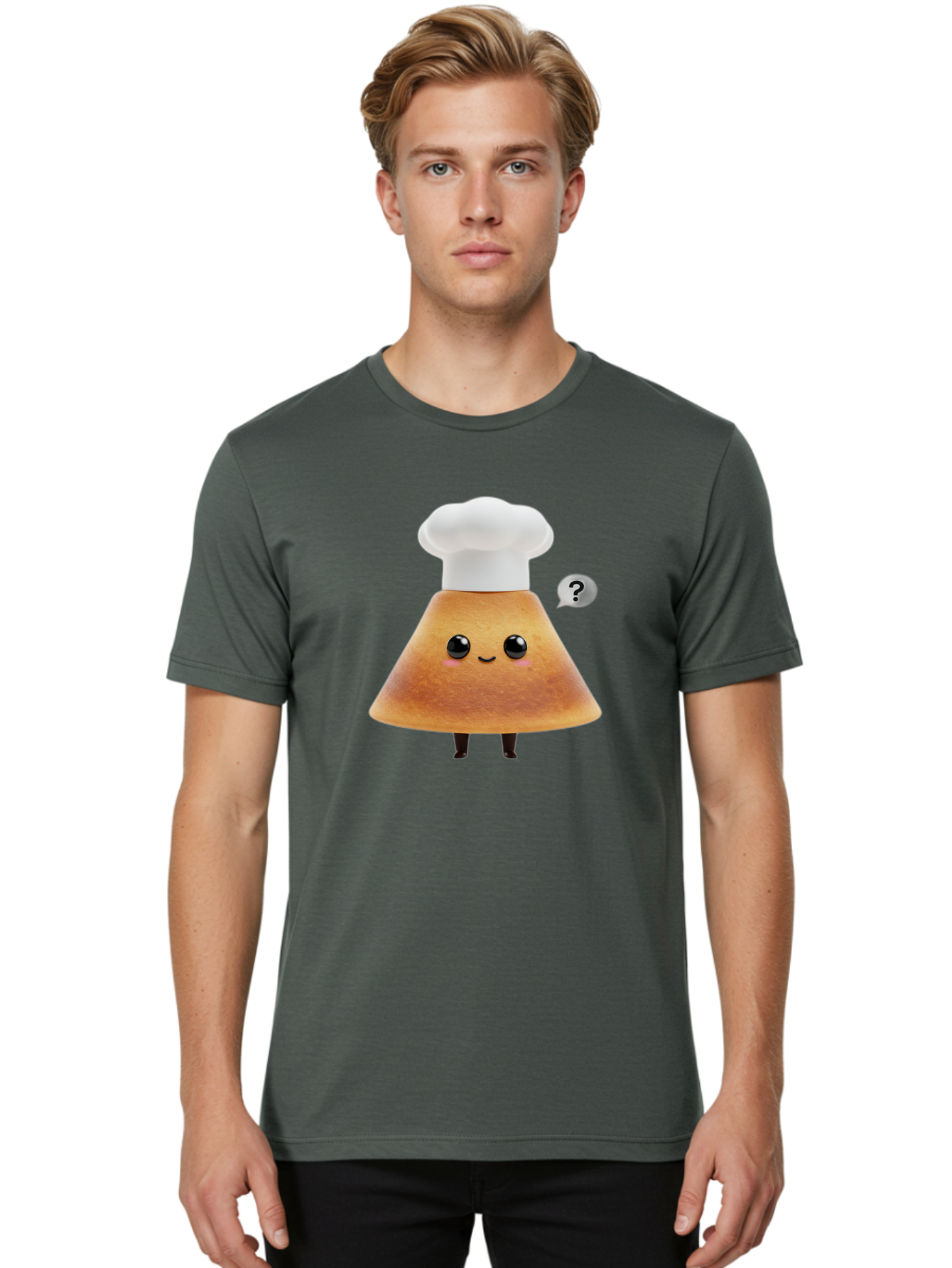 Crepe-Character Men'S Graphic Tee, 100% Cotton, Comfortable Casual Summer Wear, Machine Washable, Cartoon Beignet, Chef Hat, Adorable Character, Questioning Expression, Culinary Delight, Sweet Treat, Funny Illustration, Black Eyes, Baa413