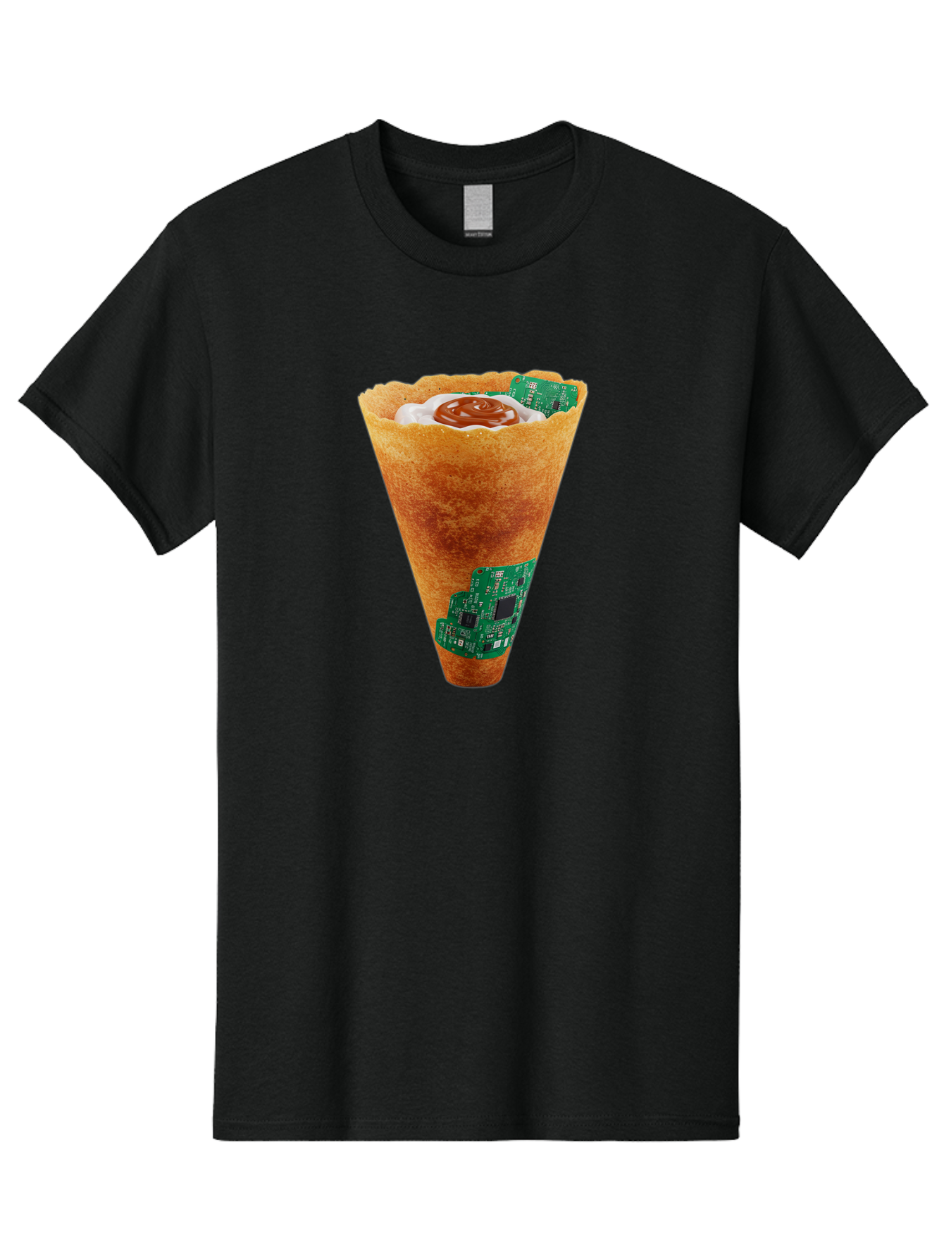Crepe-Cone-With-Circuit-Board Men'S Graphic Tee, 100% Cotton, Comfortable Casual Summer Wear, Machine Washable, Crepe Cone, Circuit Board Design, Tech-Inspired Dessert, Sweet And Savory Mix, Innovative Food, Futuristic Cuisine, Dessert Art, Baa414