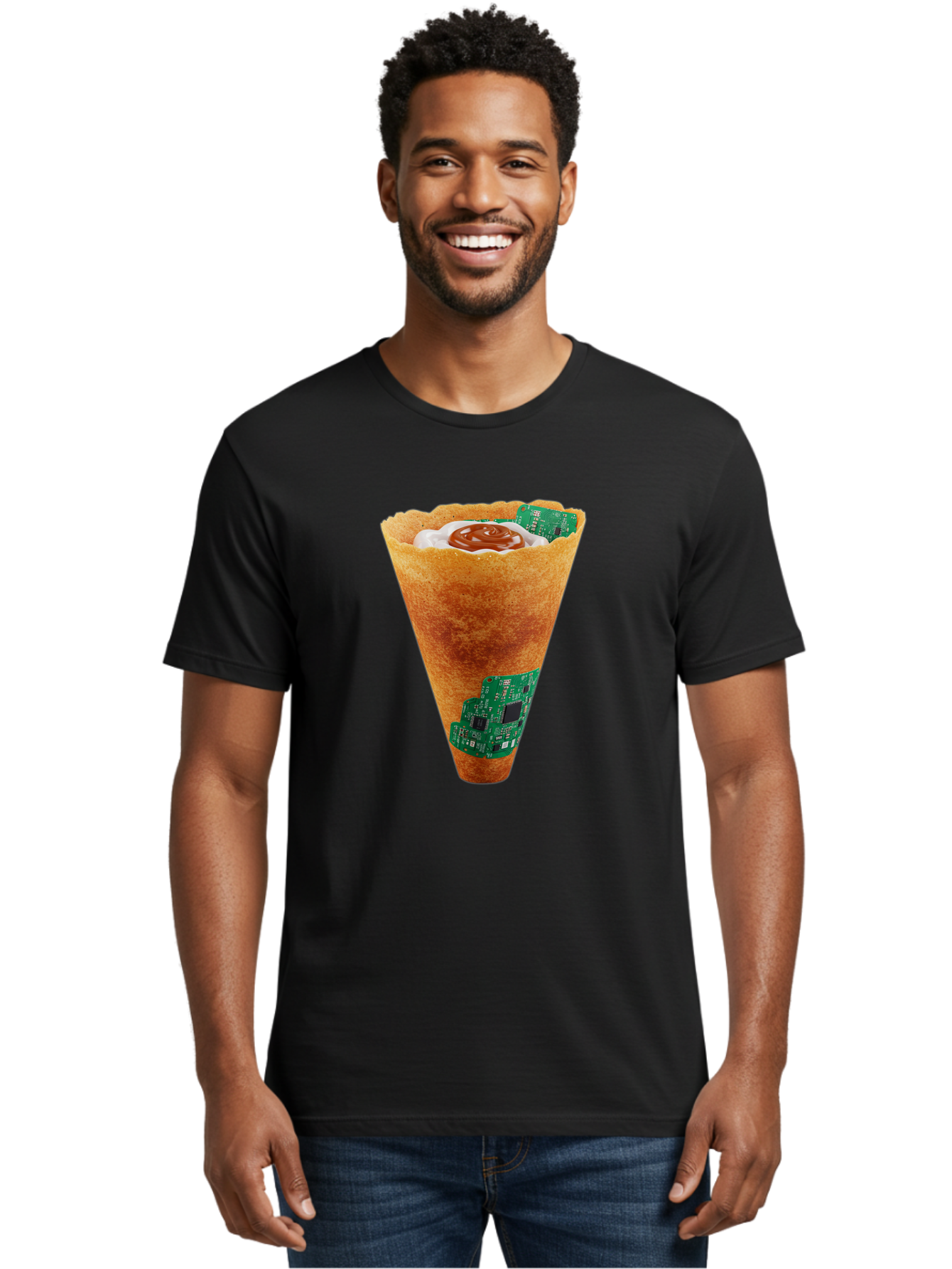 Crepe-Cone-With-Circuit-Board Men'S Graphic Tee, 100% Cotton, Comfortable Casual Summer Wear, Machine Washable, Crepe Cone, Circuit Board Design, Tech-Inspired Dessert, Sweet And Savory Mix, Innovative Food, Futuristic Cuisine, Dessert Art, Baa414