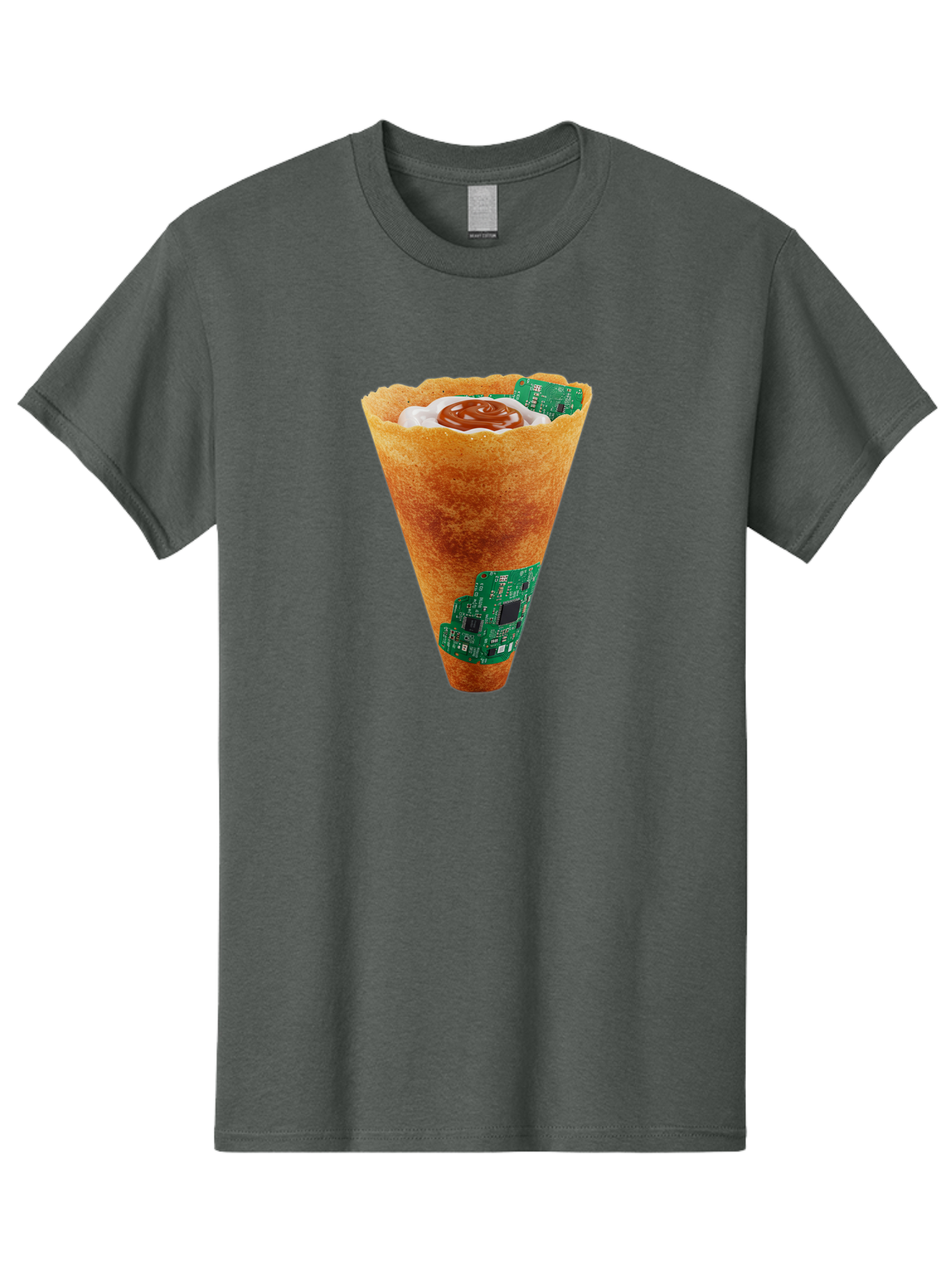 Crepe-Cone-With-Circuit-Board Men'S Graphic Tee, 100% Cotton, Comfortable Casual Summer Wear, Machine Washable, Crepe Cone, Circuit Board Design, Tech-Inspired Dessert, Sweet And Savory Mix, Innovative Food, Futuristic Cuisine, Dessert Art, Baa414