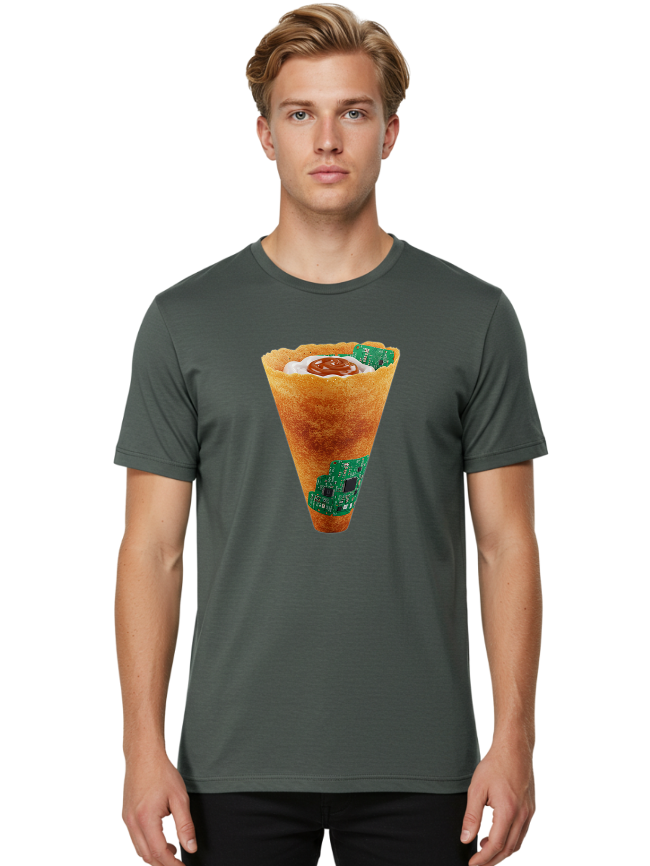 Crepe-Cone-With-Circuit-Board Men'S Graphic Tee, 100% Cotton, Comfortable Casual Summer Wear, Machine Washable, Crepe Cone, Circuit Board Design, Tech-Inspired Dessert, Sweet And Savory Mix, Innovative Food, Futuristic Cuisine, Dessert Art, Baa414