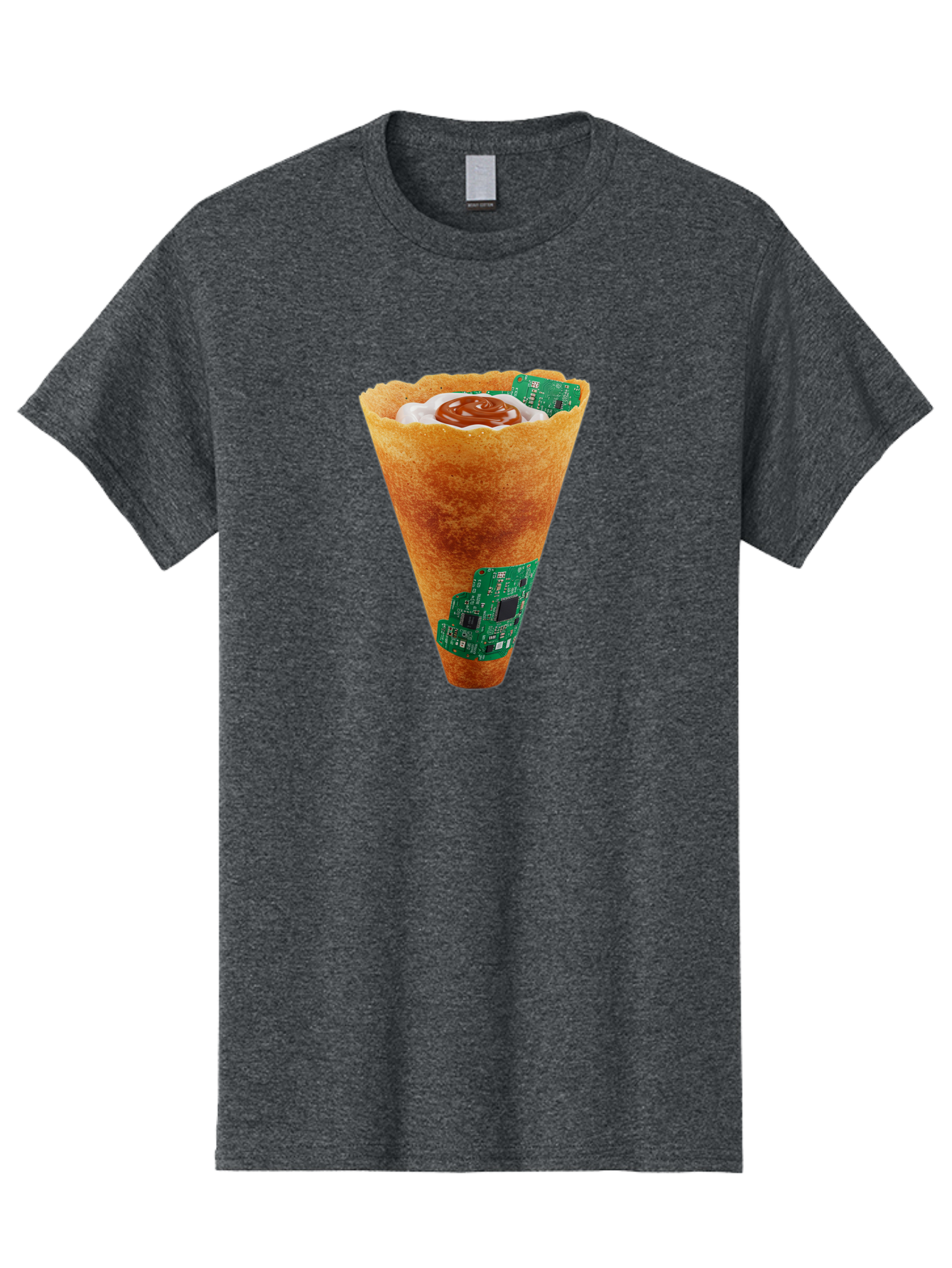 Crepe-Cone-With-Circuit-Board Men'S Graphic Tee, 100% Cotton, Comfortable Casual Summer Wear, Machine Washable, Crepe Cone, Circuit Board Design, Tech-Inspired Dessert, Sweet And Savory Mix, Innovative Food, Futuristic Cuisine, Dessert Art, Baa414