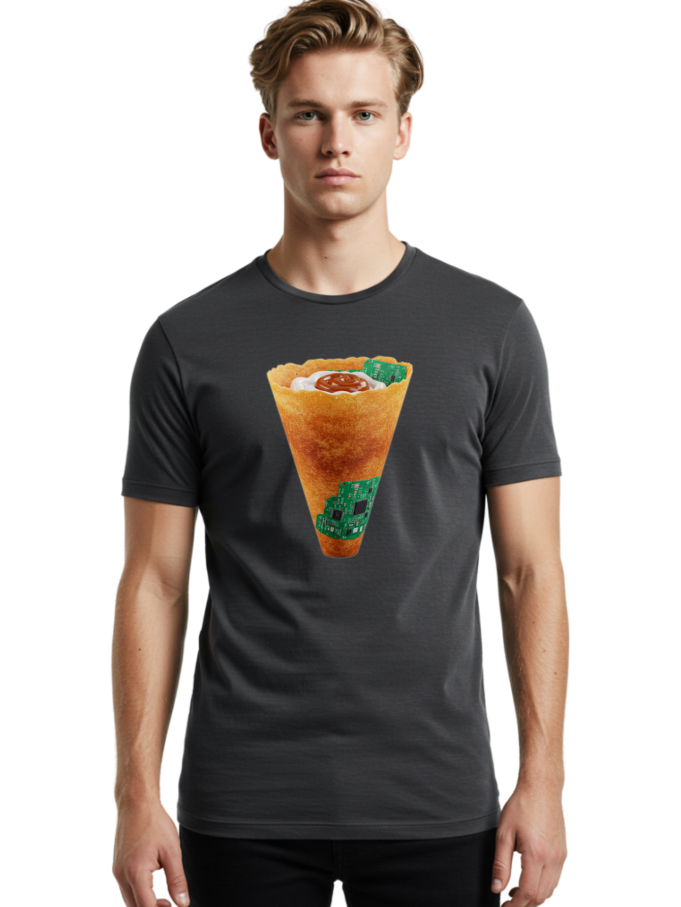 Crepe-Cone-With-Circuit-Board Men'S Graphic Tee, 100% Cotton, Comfortable Casual Summer Wear, Machine Washable, Crepe Cone, Circuit Board Design, Tech-Inspired Dessert, Sweet And Savory Mix, Innovative Food, Futuristic Cuisine, Dessert Art, Baa414