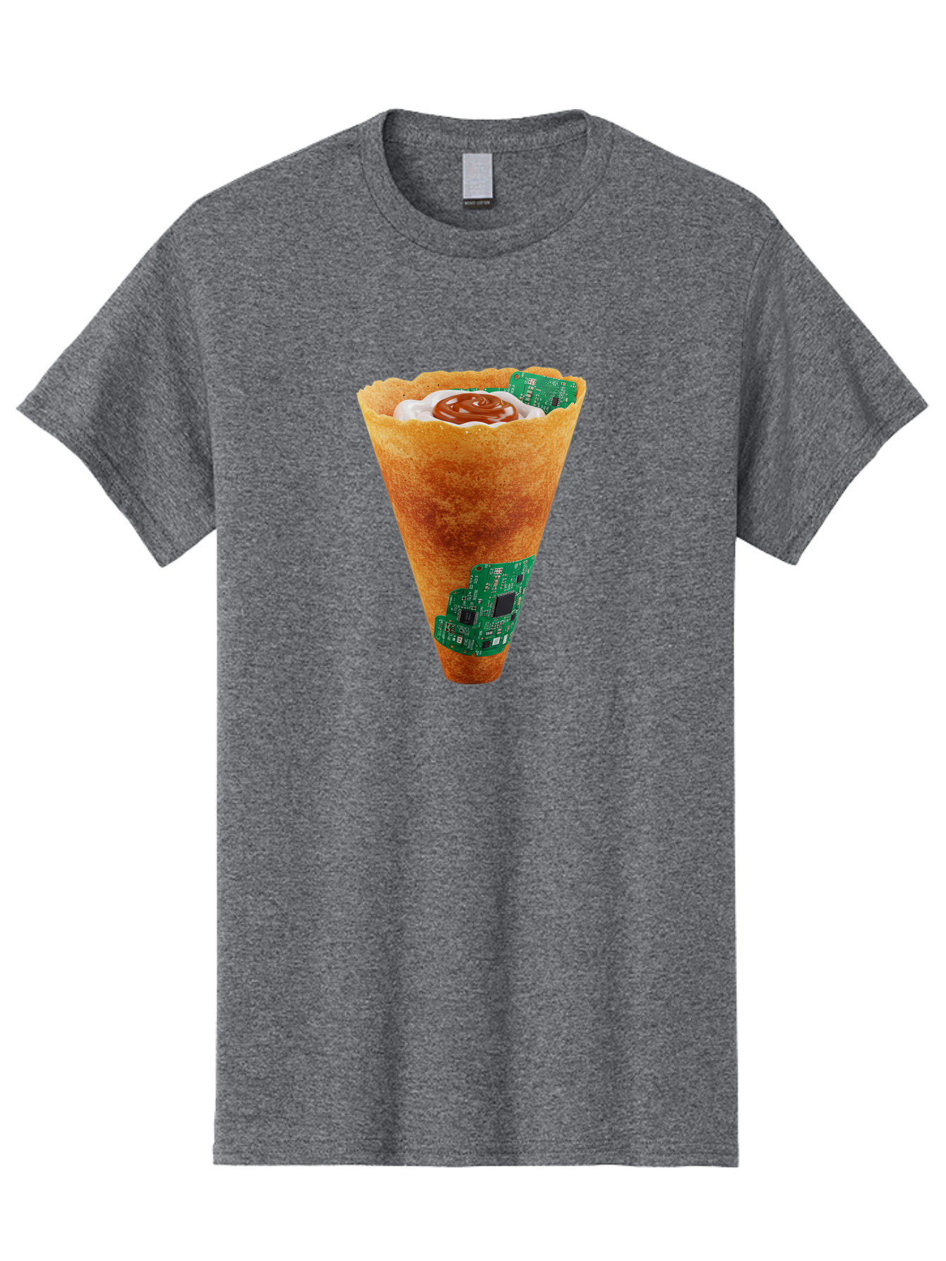 Crepe-Cone-With-Circuit-Board Men'S Graphic Tee, 100% Cotton, Comfortable Casual Summer Wear, Machine Washable, Crepe Cone, Circuit Board Design, Tech-Inspired Dessert, Sweet And Savory Mix, Innovative Food, Futuristic Cuisine, Dessert Art, Baa414