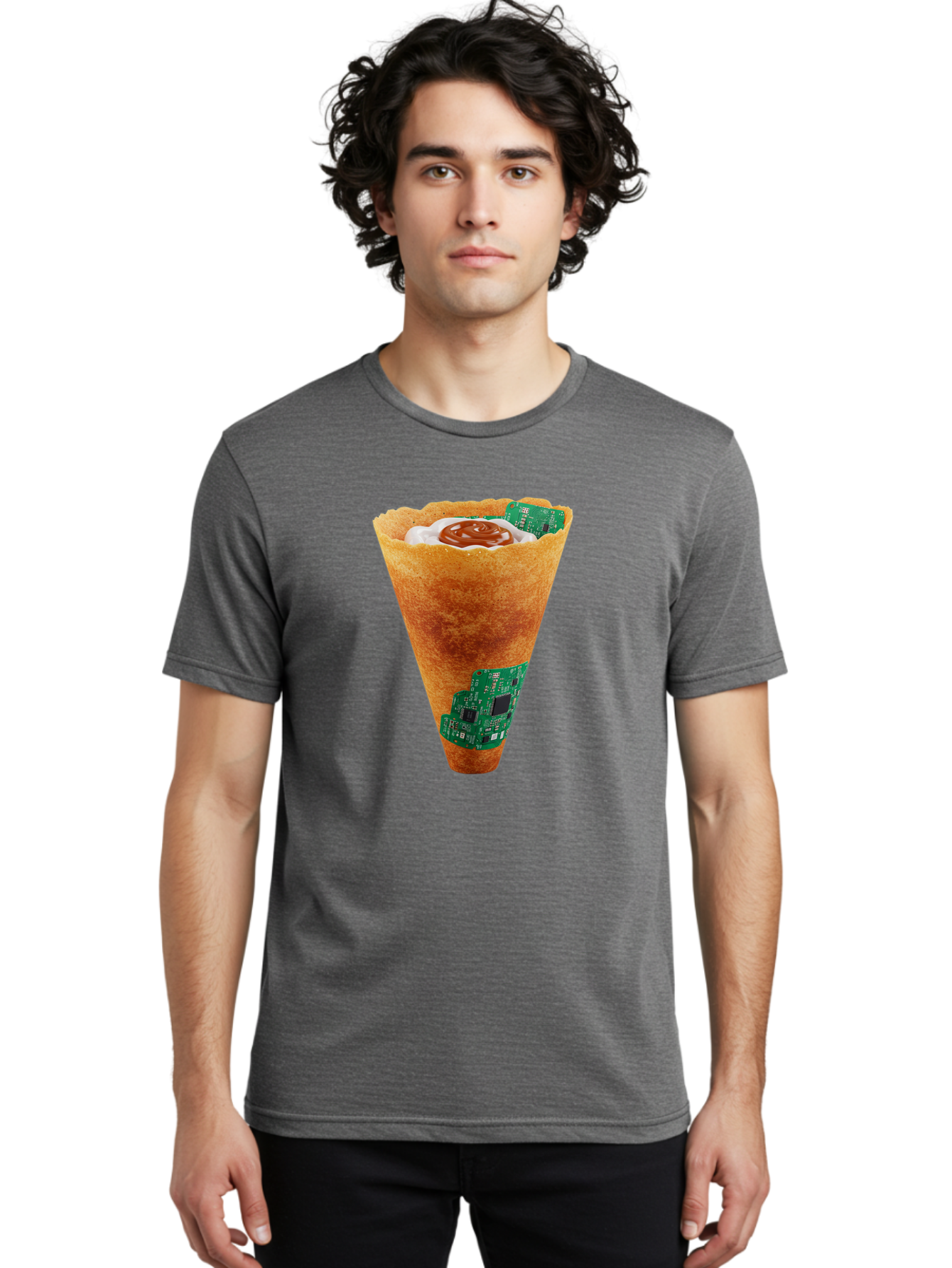 Crepe-Cone-With-Circuit-Board Men'S Graphic Tee, 100% Cotton, Comfortable Casual Summer Wear, Machine Washable, Crepe Cone, Circuit Board Design, Tech-Inspired Dessert, Sweet And Savory Mix, Innovative Food, Futuristic Cuisine, Dessert Art, Baa414