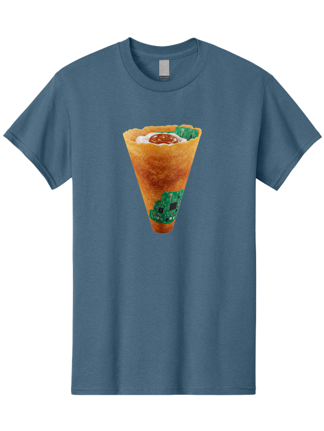 Crepe-Cone-With-Circuit-Board Men'S Graphic Tee, 100% Cotton, Comfortable Casual Summer Wear, Machine Washable, Crepe Cone, Circuit Board Design, Tech-Inspired Dessert, Sweet And Savory Mix, Innovative Food, Futuristic Cuisine, Dessert Art, Baa414